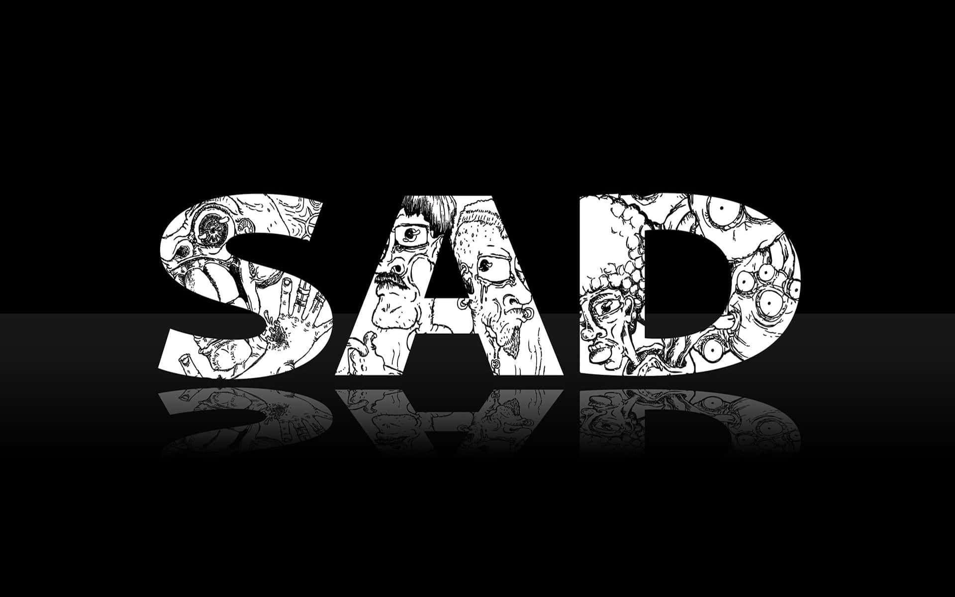Black Sad 桌布 壁紙 — 黑色反光表面上，粗體白色字母「SAD」填滿了怪誕的卡通面孔。