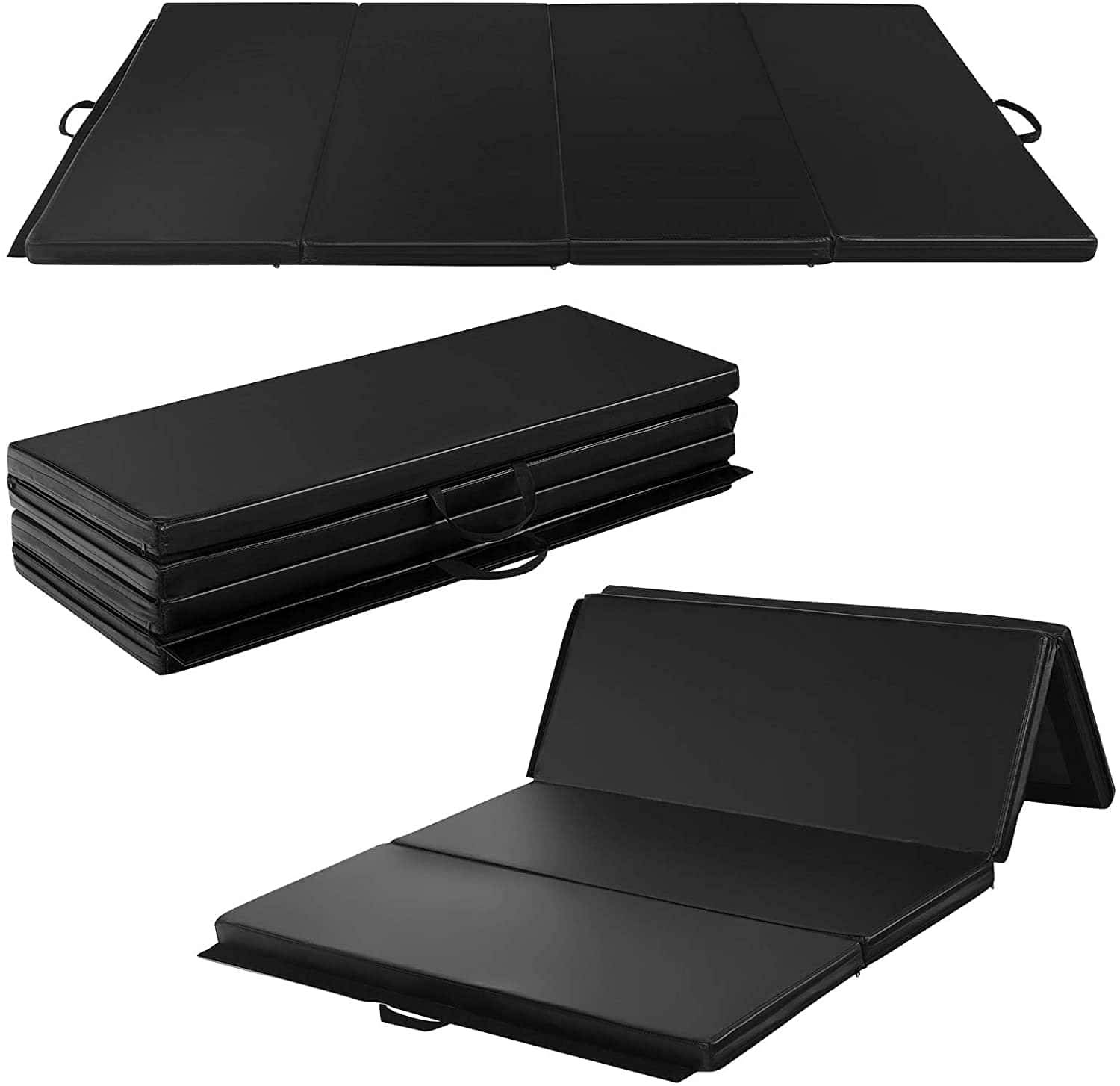 Gymnastics Mat 桌布 壁紙 — 黑色可折疊健身墊，以完全展開、折疊、堆疊及部分折疊的形態展示於白色背景上。