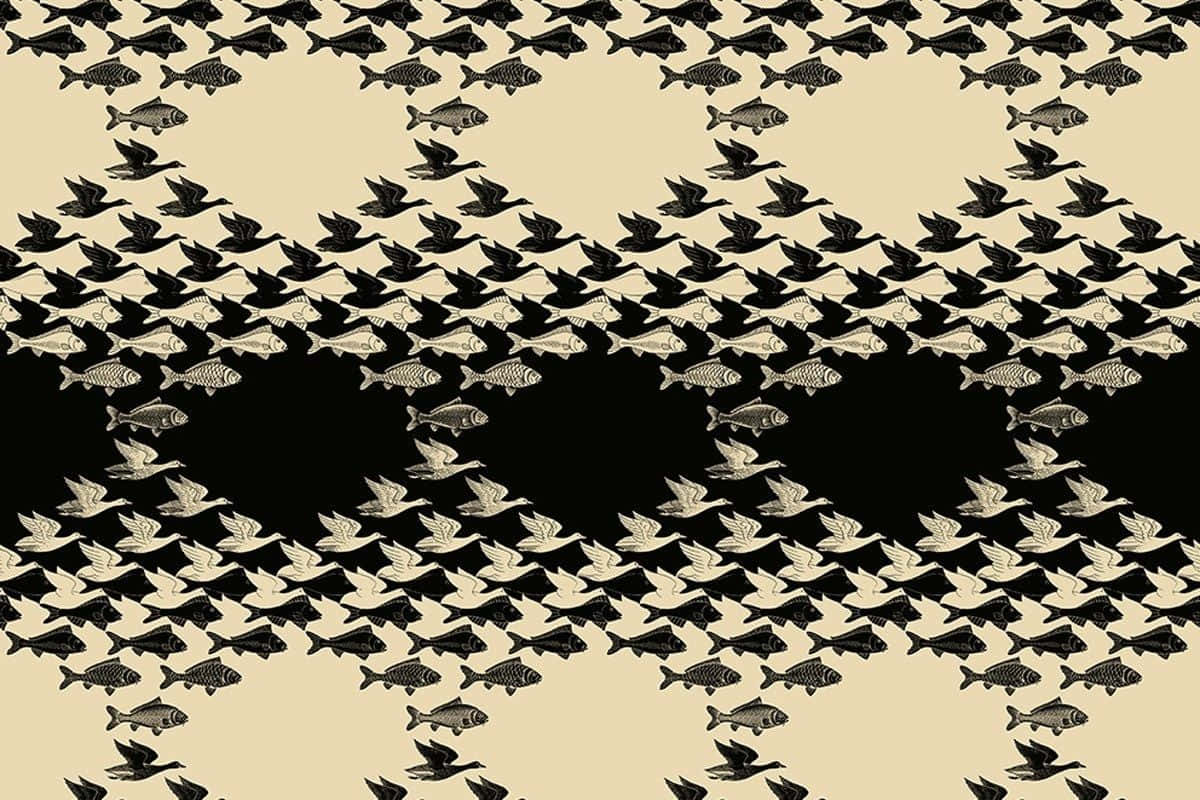 graphic art 桌布 壁紙 — 黑色和奶油色的魚類和鳥類剪影在米色背景上形成節奏性重複圖案。
