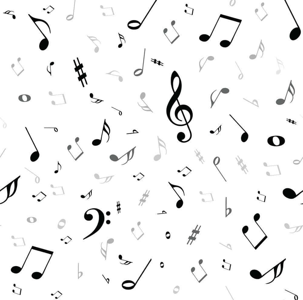 音樂 桌布 壁紙 — 黑色和灰色的音符和符號在乾淨的白色背景上以重複圖案動態漂浮。