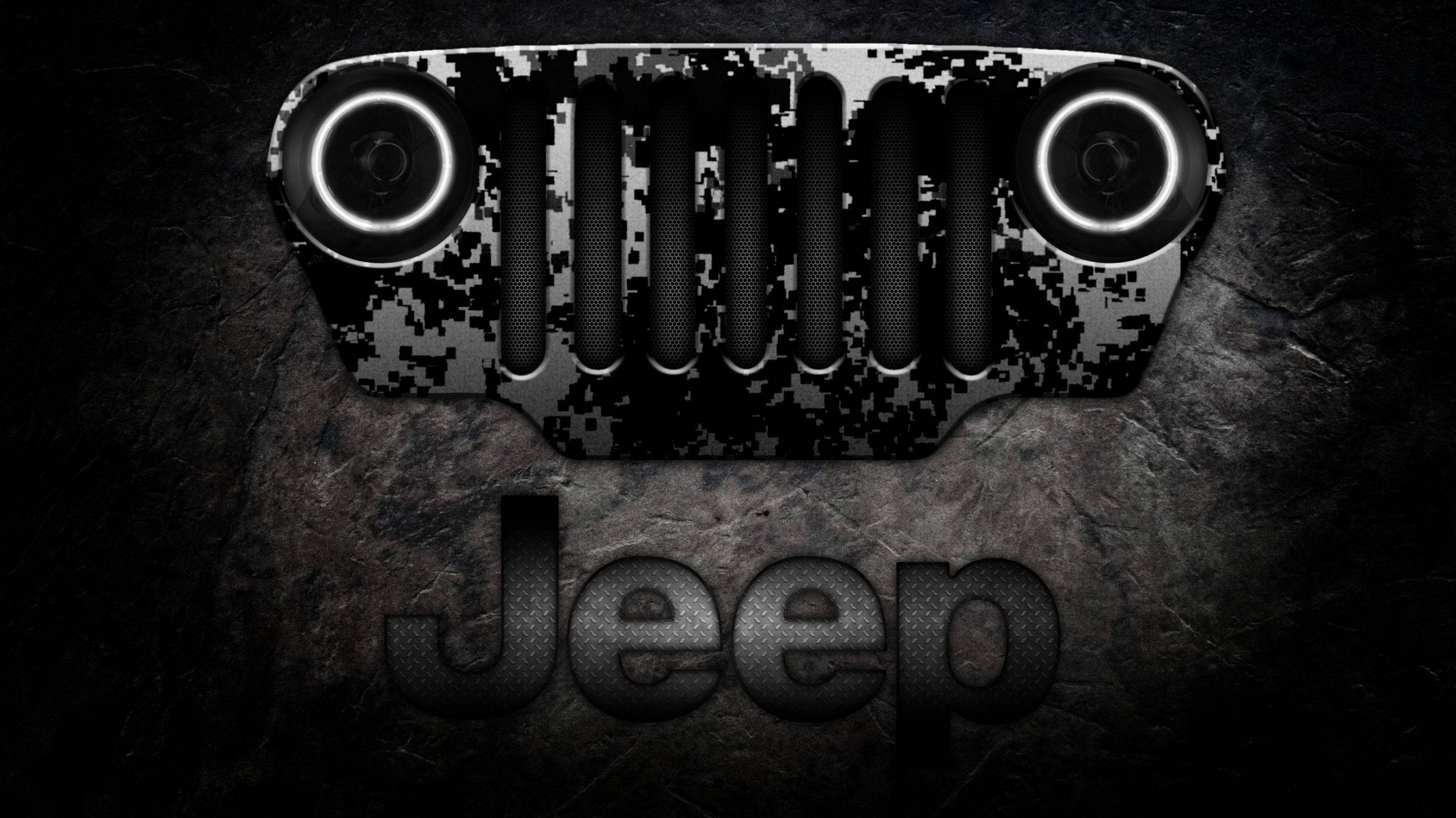 吉普 桌布 壁紙 — 黑色和白色的數位藝術Jeep格柵，帶有發光的頭燈，置於紋理深色石頭背景上。