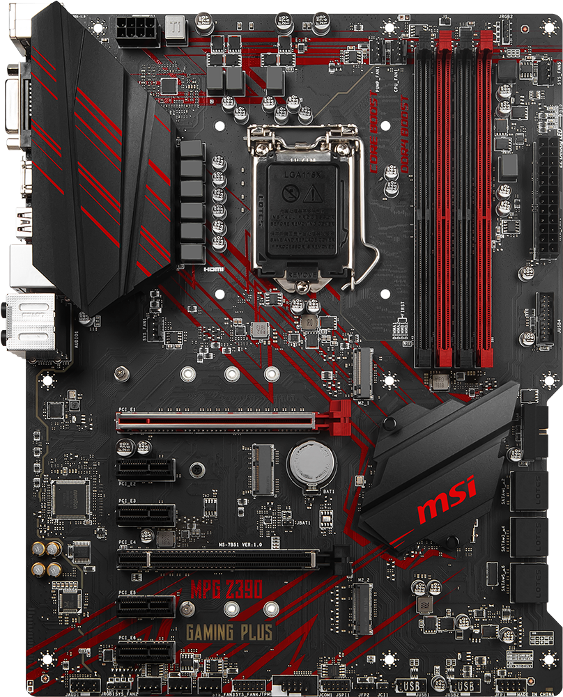 Gaming Pc 桌布 壁紙 — 黑色和紅色 MSI MPG Z390 Gaming Plus 主機板的特寫，具有複雜的電路和紅色點綴。