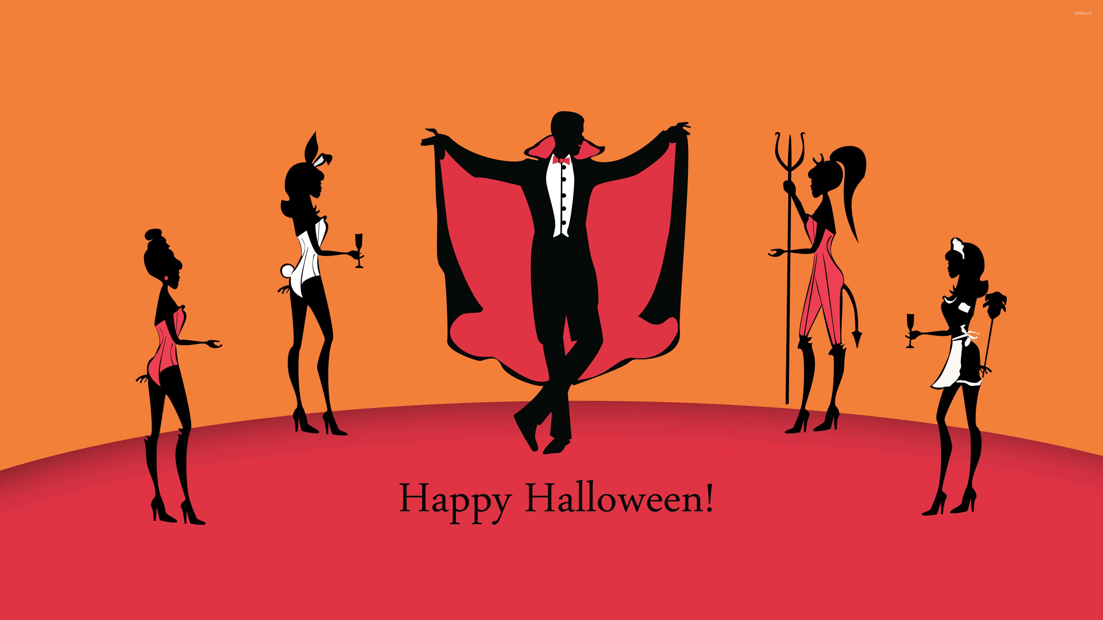 Halloween Party 桌布 壁紙 — 黑色和紅色服裝的剪影萬聖節角色在橙色背景上帶有「Happy Halloween!」文字的紅色平台上擺姿勢。