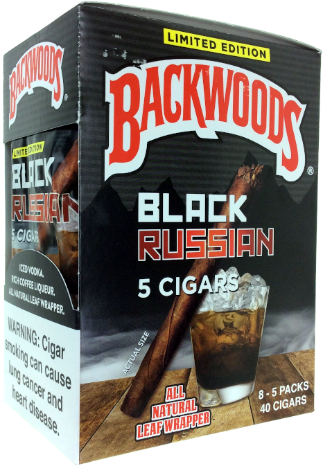 Backwoods 桌布 壁紙 — 黑色和紅色的限量版Backwoods Black Russian雪茄盒，木質表面上放著一杯冰咖啡利口酒和雪茄。