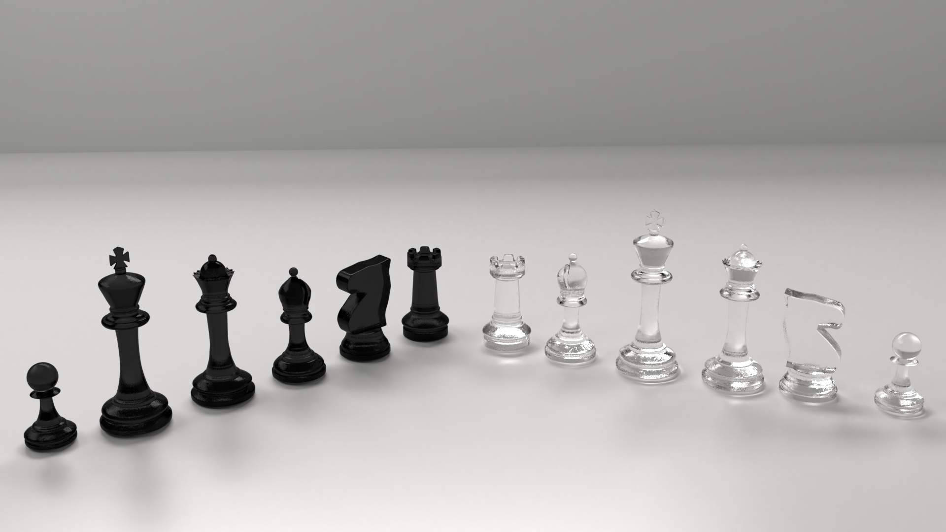 西洋棋 桌布 壁紙 — 黑色和透明的西洋棋棋子，在柔和的攝影棚燈光下，排列成兩行，立於簡約的白色表面上。