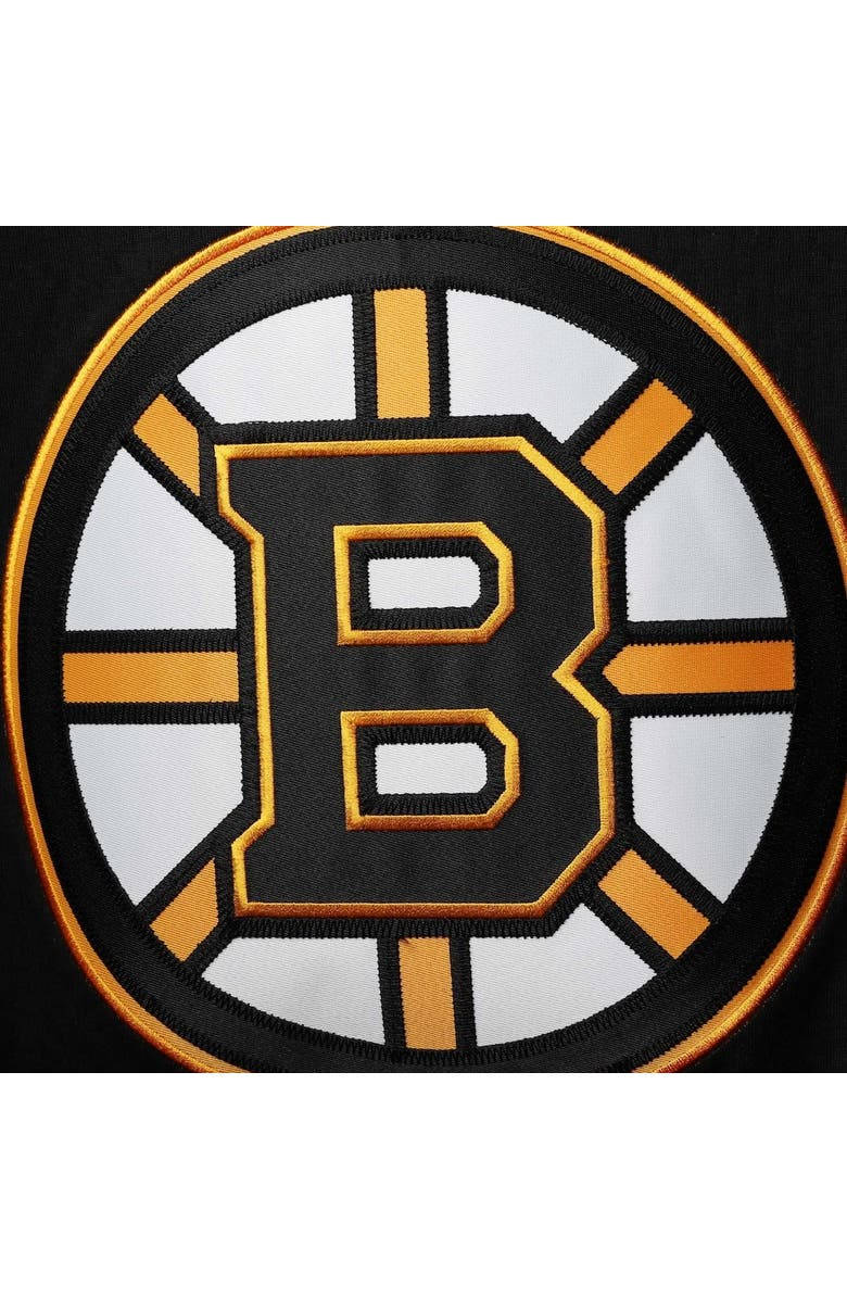 Boston Bruins Logo 桌布 壁紙 — 黑色和金色刺繡的波士頓棕熊隊標誌補丁在深色布料背景上的特寫。