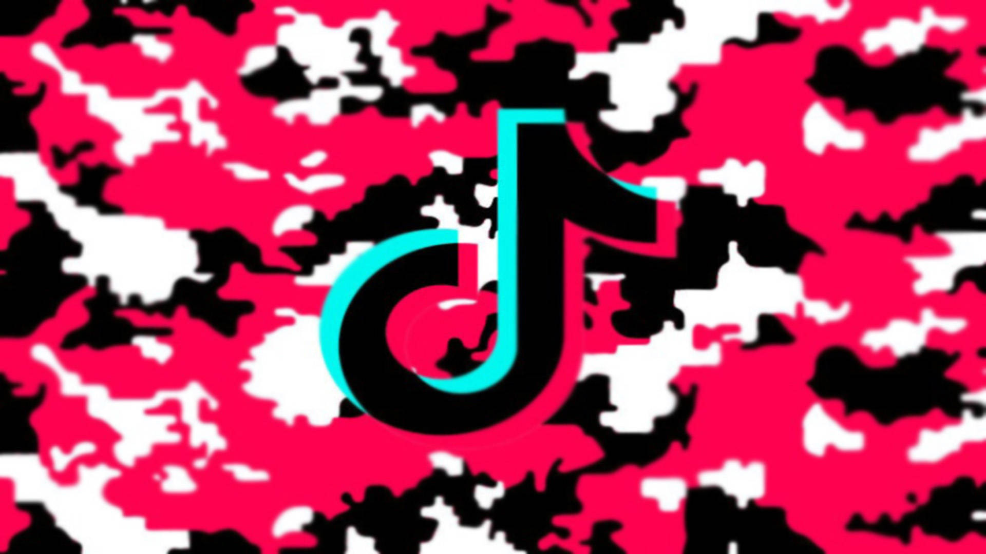 TikTok 動圖 桌布 壁紙 — 黑色和青綠色的TikTok標誌在鮮明的粉紅、黑、白迷彩背景上脫穎而出。