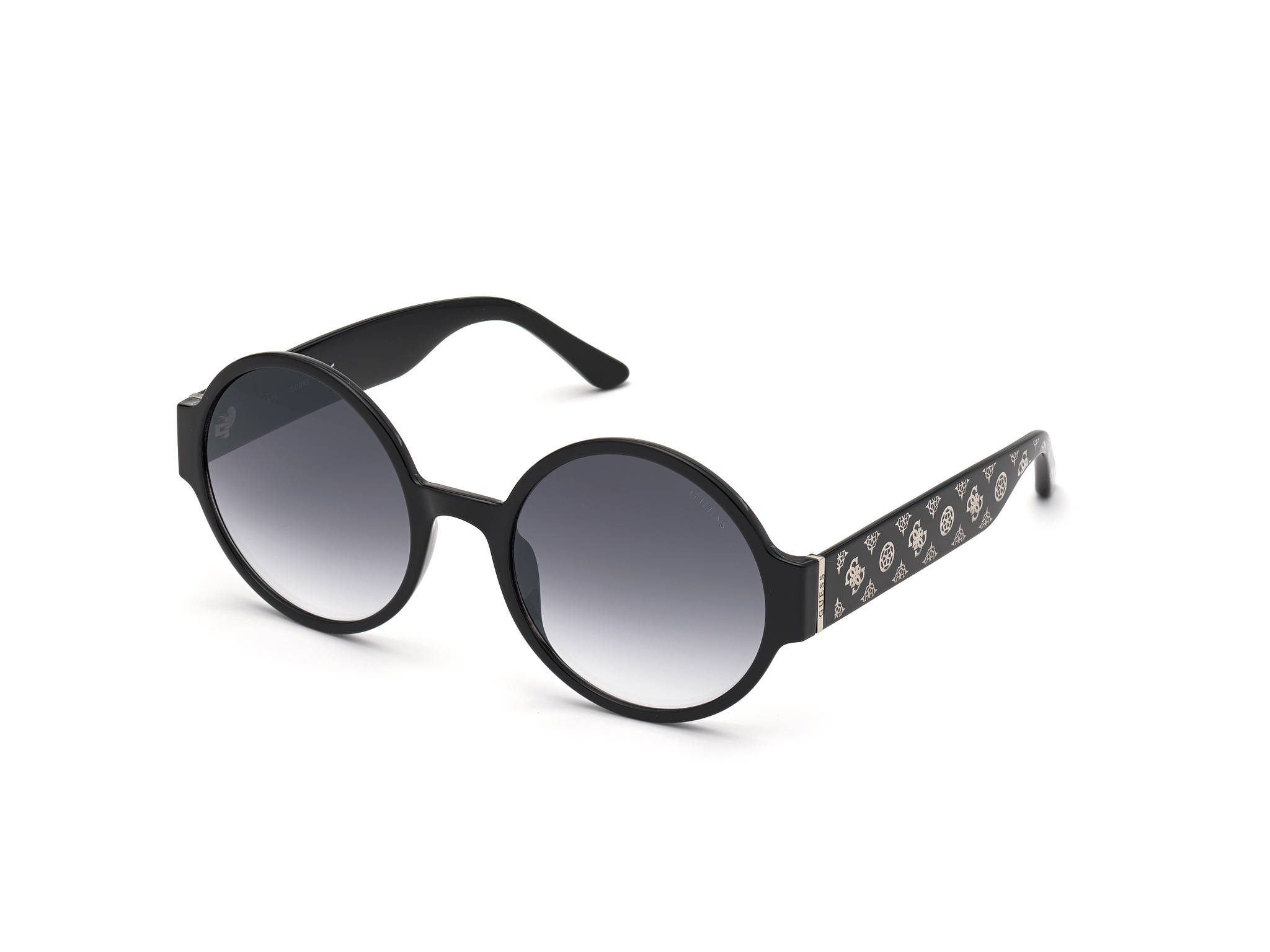 Sunglasses 桌布 壁紙 — 黑色圓形太陽眼鏡，帶漸變鏡片和圖案鏡臂，放置在潔淨的白色背景上。