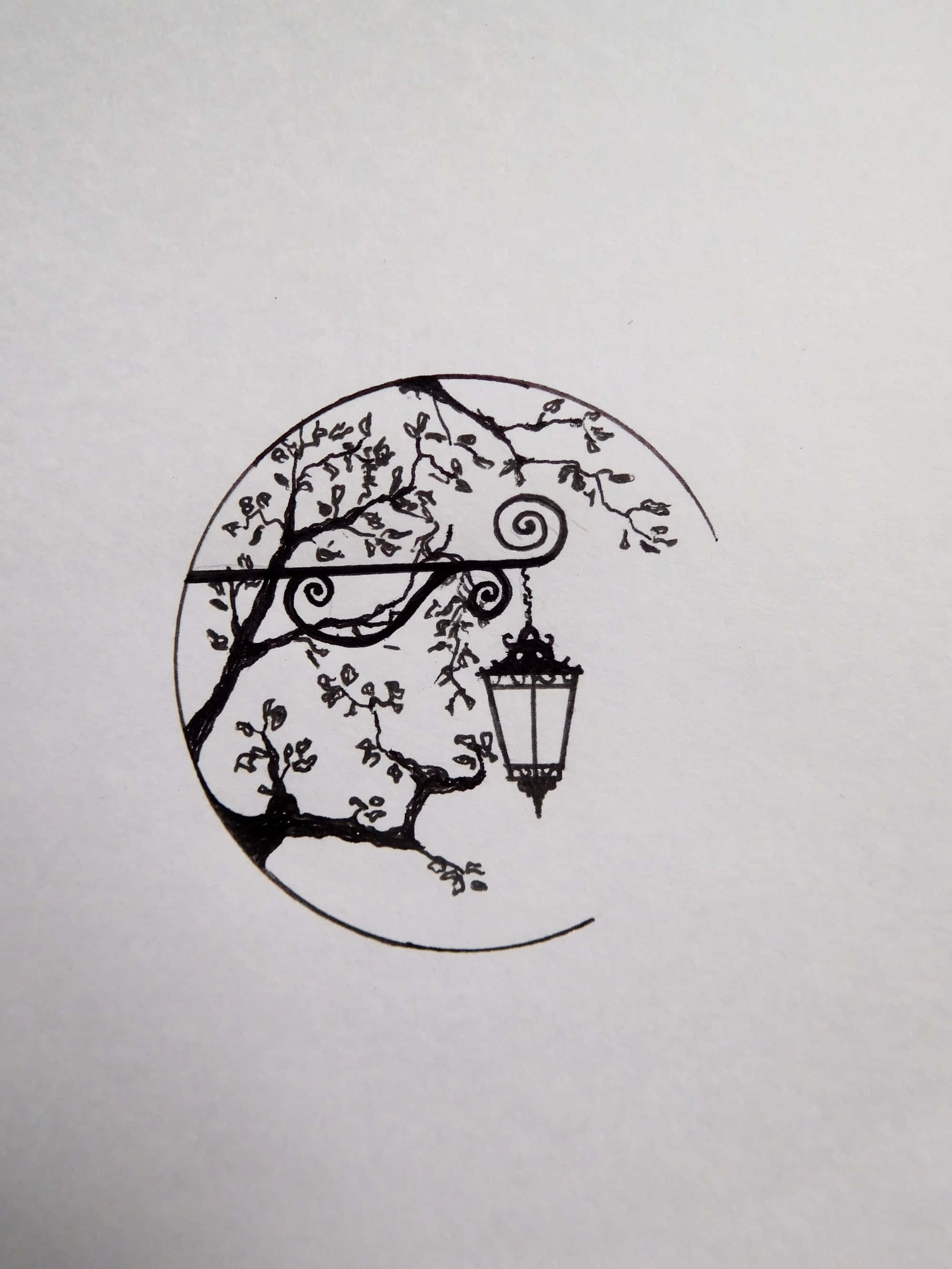 Aesthetic Drawings 桌布 壁紙 — 黑色墨水插圖，新月框架帶有精緻樹枝和懸掛燈籠。