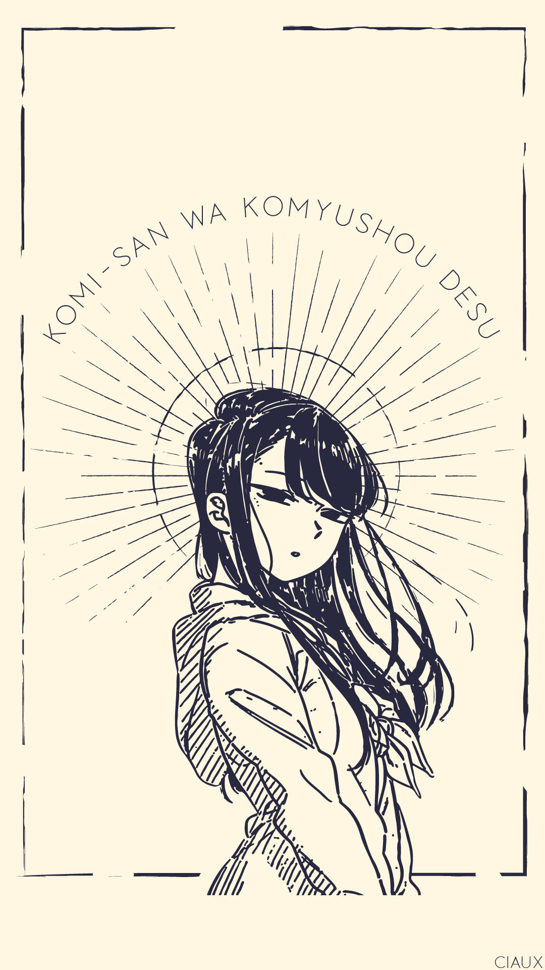 Komi Cant Communicate 桌布 壁紙 — 黑色墨水線條藝術插圖，描繪一位長髮女孩和太陽光環，並以文字「KOMI-SAN WA KOMYUSHOU DESU」框住。