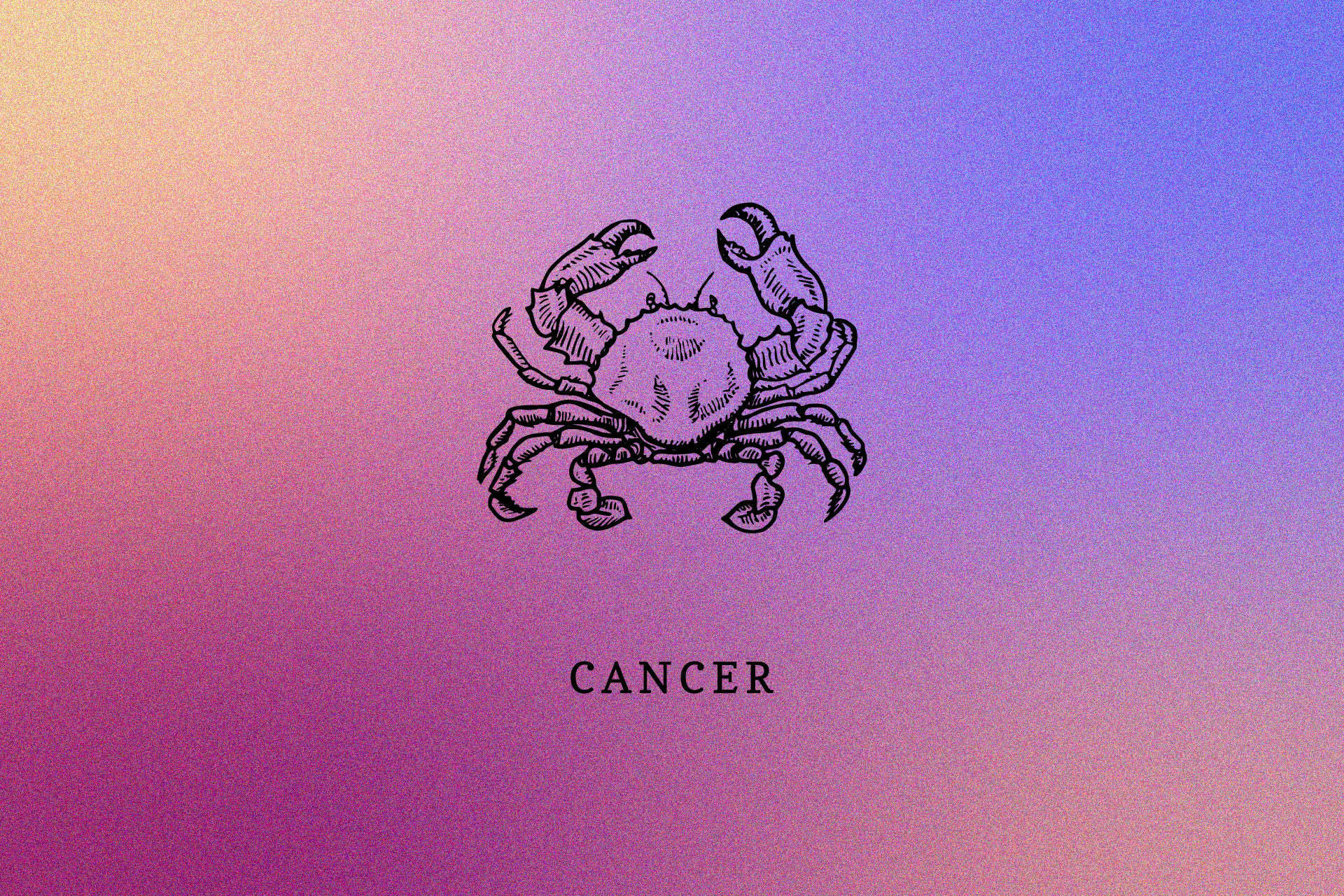 Cancer Aesthetic 桌布 壁紙 — 黑色墨水螃蟹插圖，居中於粉紅、紫色和藍色的柔和漸變背景上。