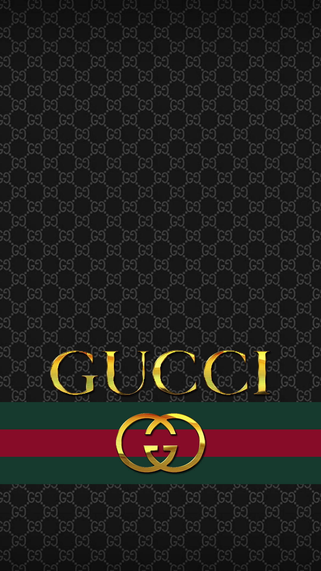 Gucci iPhone 桌布 壁紙 — 黑色壁紙，帶有重複的GG字母組合圖案和金色Gucci標誌，位於綠色和紅色條紋上。