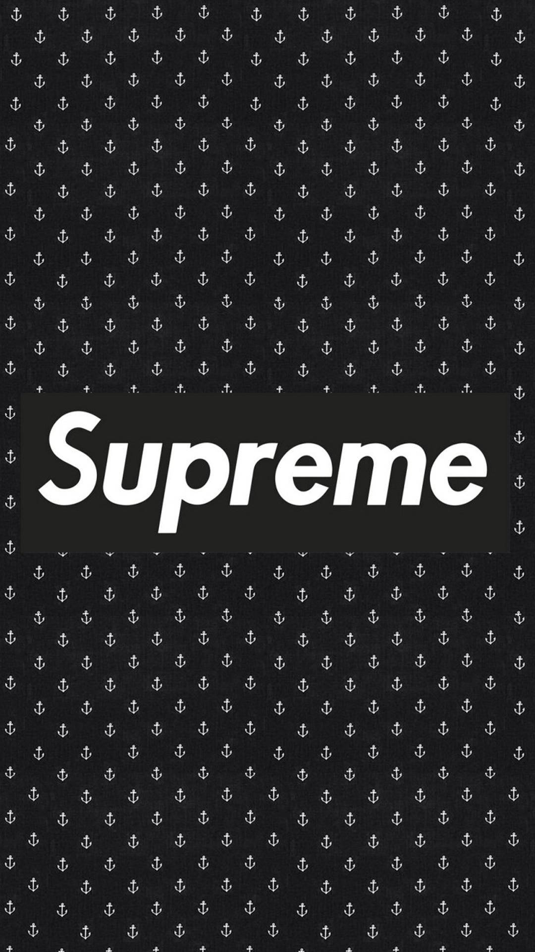 supreme 桌布 壁紙 — 黑色壁紙，帶有重複的白色錨點圖案，中央有粗體白色Supreme標誌。
