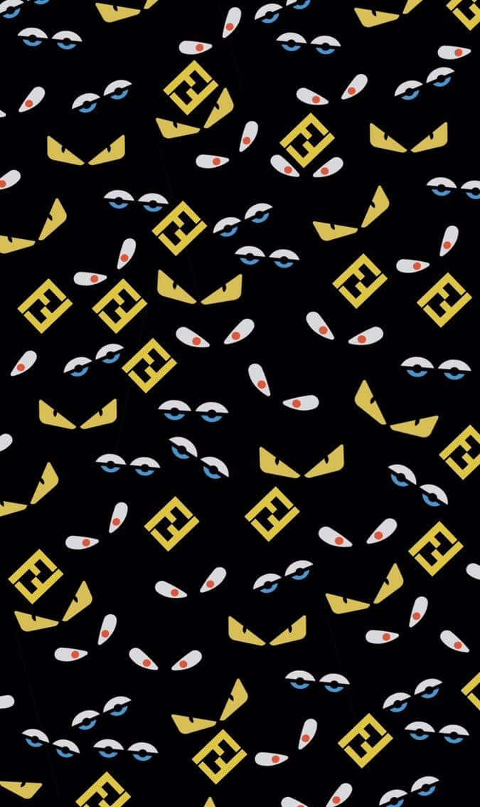 Fendi 桌布 壁紙 — 黑色壁紙圖案，重複出現黃色Fendi標誌和白色、藍色、紅色的風格化眼睛。