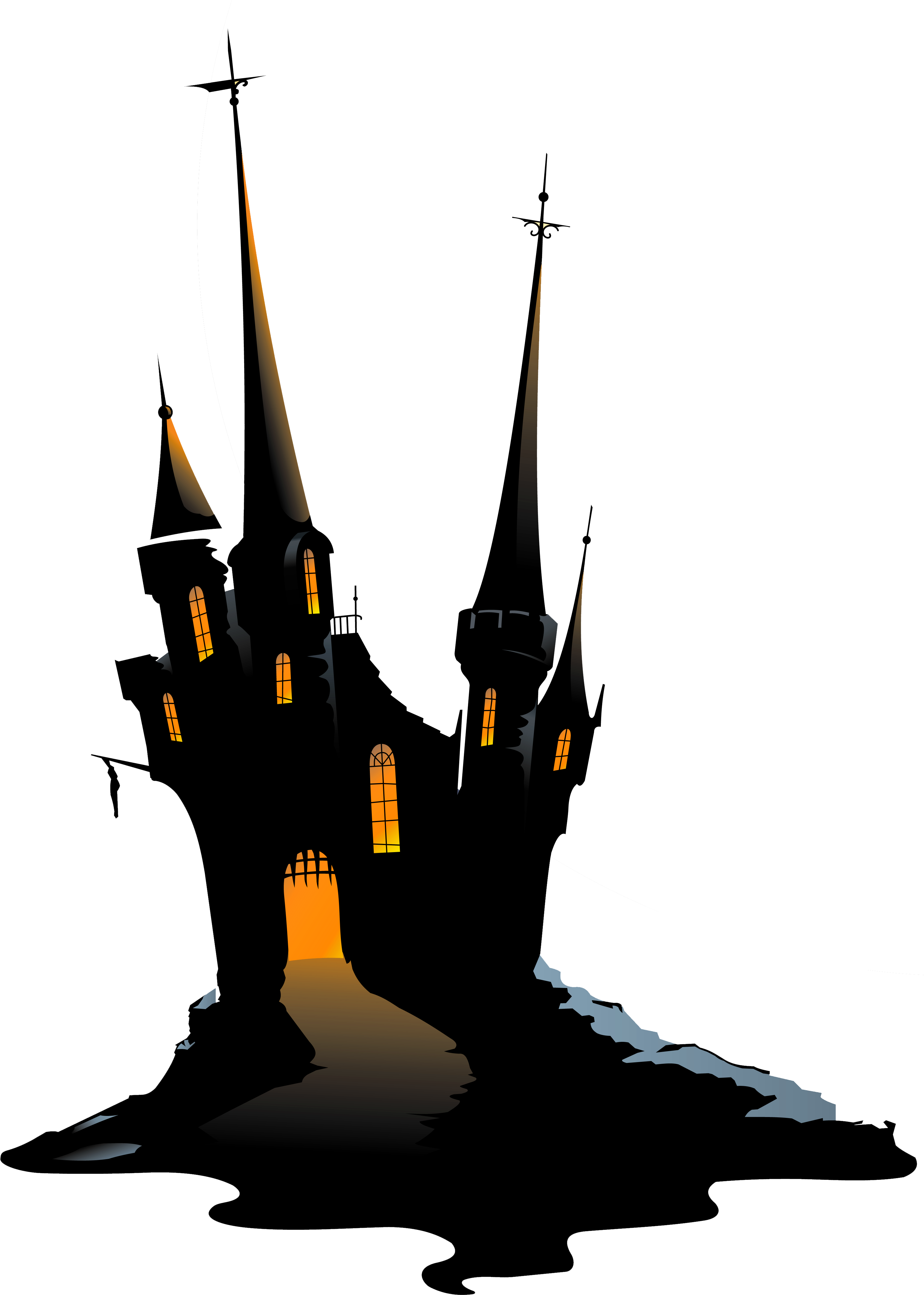 詭異的GIF 桌布 壁紙 — 黑色夜空下，一座哥德式城堡的黑暗剪影，帶有發光的橙色窗戶和一條明亮的小徑。