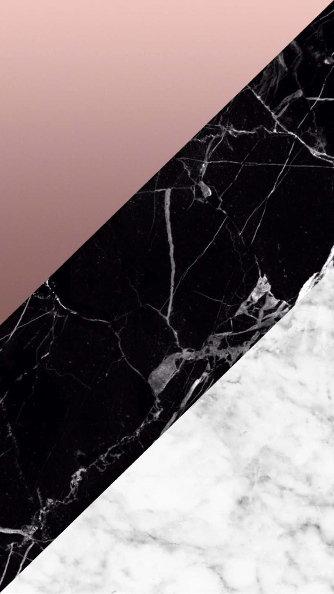 Rose Gold Black Marble 桌布 壁紙 — 黑色大理石帶白色紋理，在柔和粉紅色漸變和白色大理石背景上作對角分割。