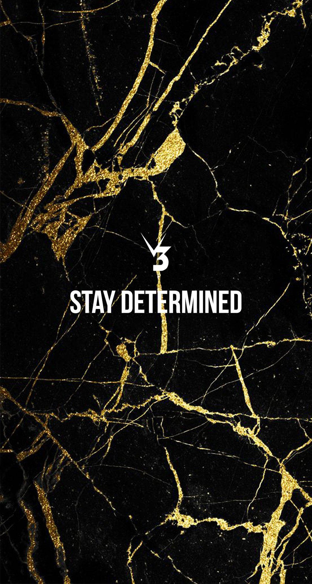 Fitness 桌布 壁紙 — 黑色大理石搭配金色紋理，粗體白色文字寫著 stay determined 和倒數數字三。