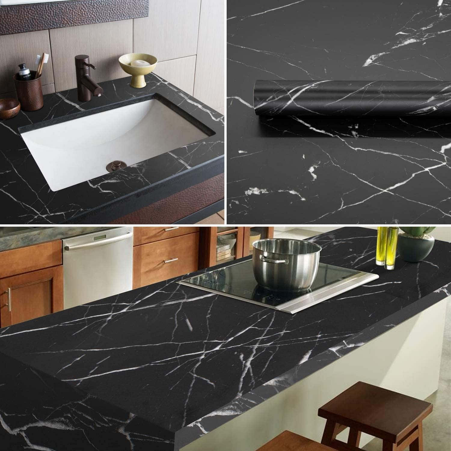 Black Marble 桌布 壁紙 — 黑色大理石紋壁紙帶白色紋理應用於浴室洗手台和廚房檯面。