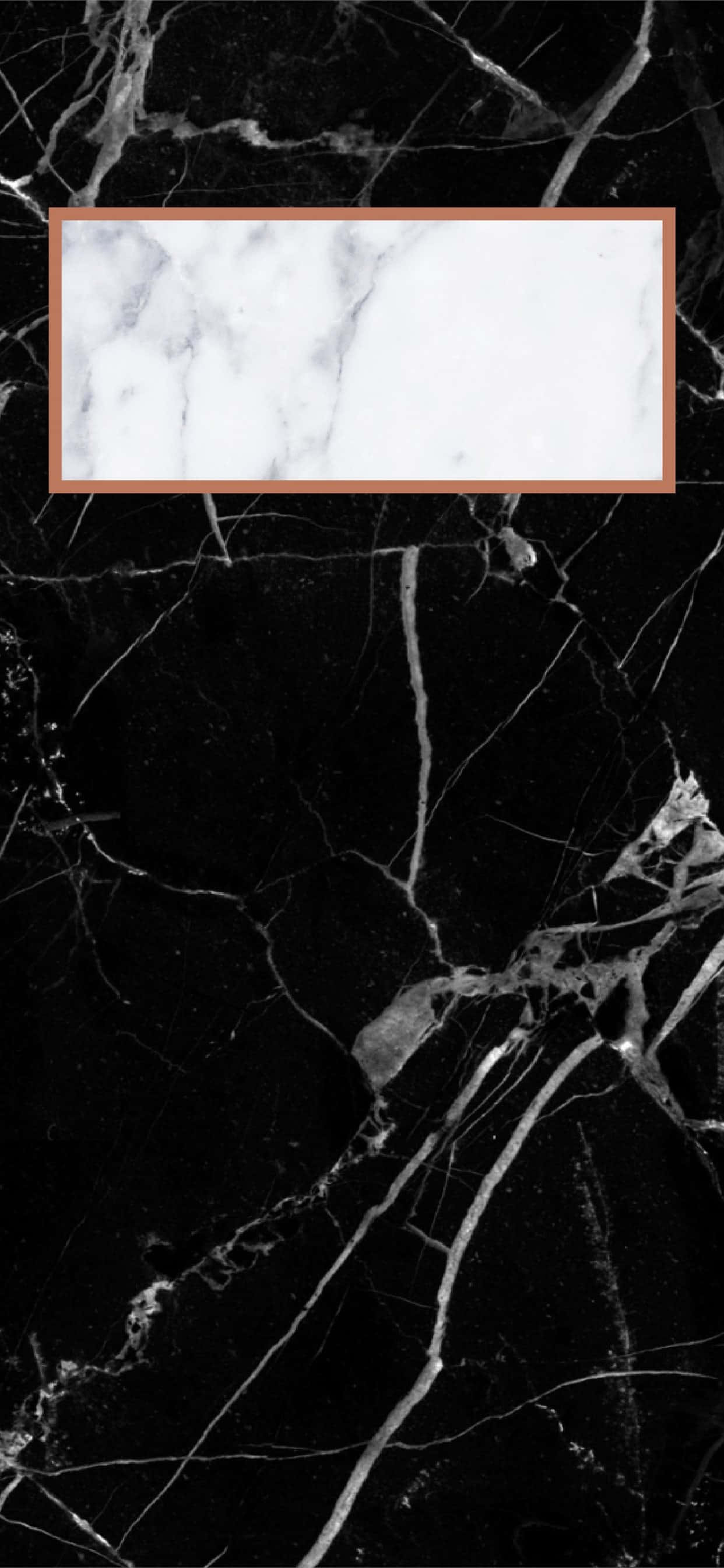 Marble Phone 桌布 壁紙 — 黑色大理石表面帶有白色紋理，並有一塊帶玫瑰金邊框的白色大理石瓷磚鑲嵌其中。