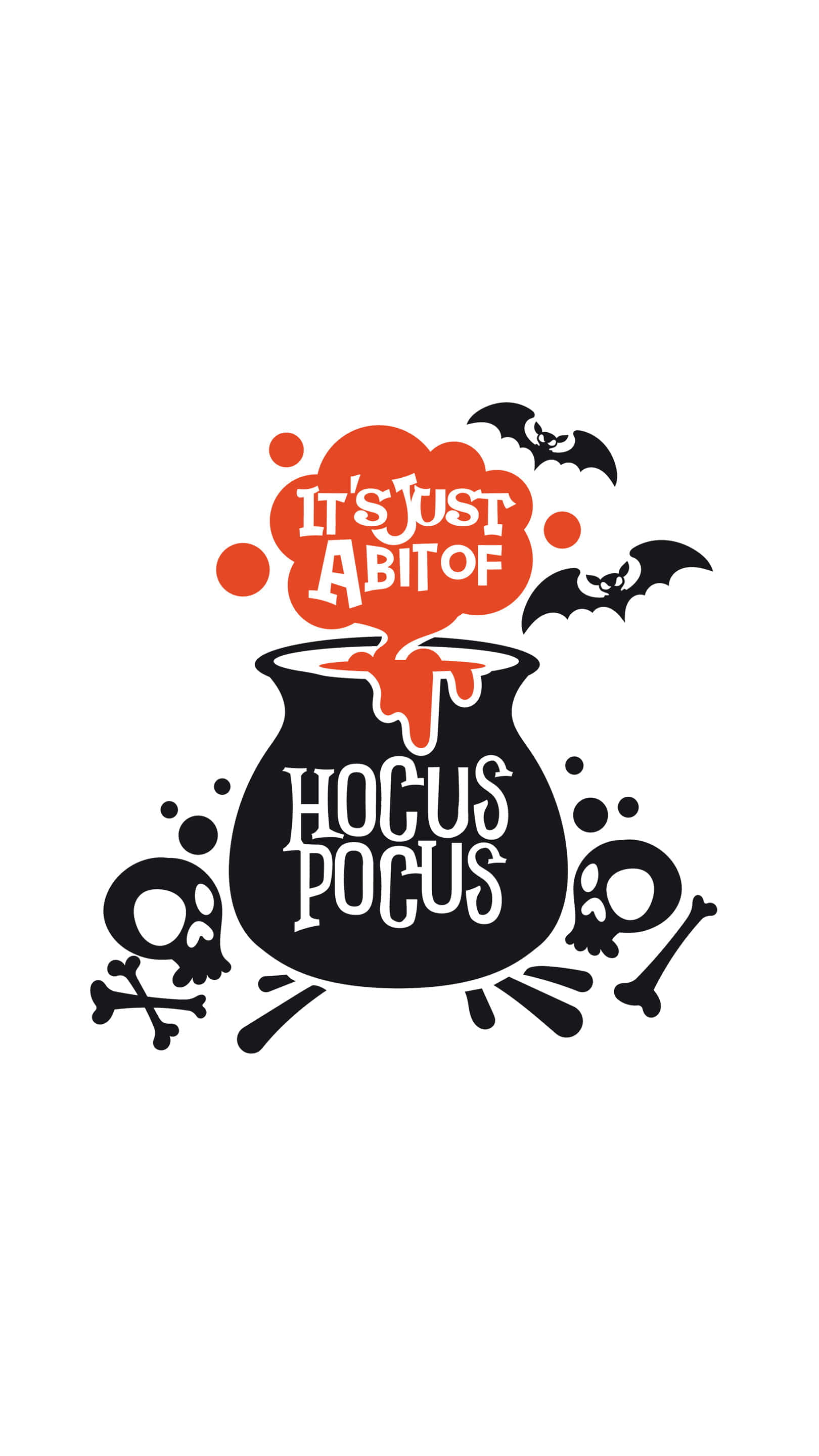 Hocus Pocus 桌布 壁紙 — 黑色大鍋裝著橙色冒泡藥水，蝙蝠在上方飛翔，周圍環繞著頭骨和骨頭。