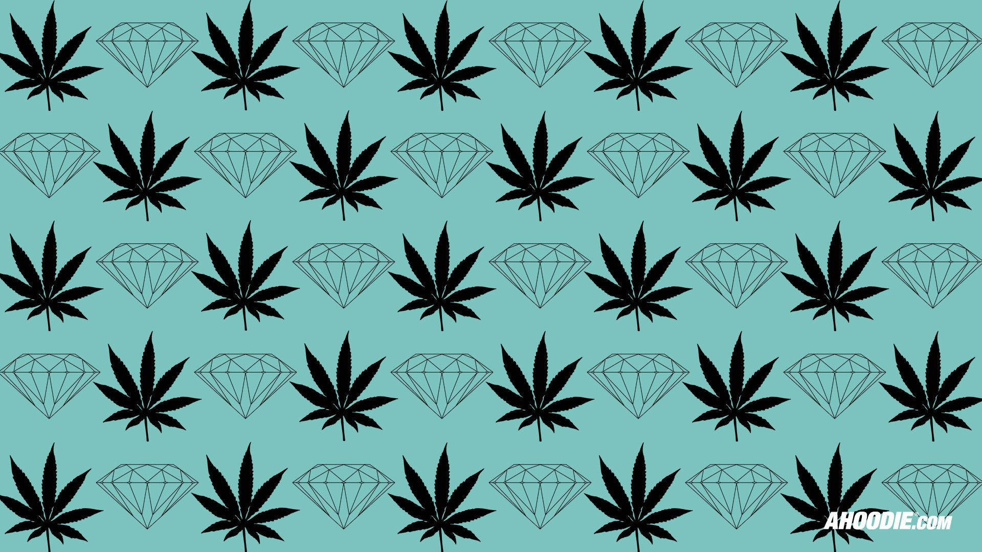 Supply 桌布 壁紙 — 黑色大麻葉和鑽石輪廓在青綠色背景上重複網格排列。