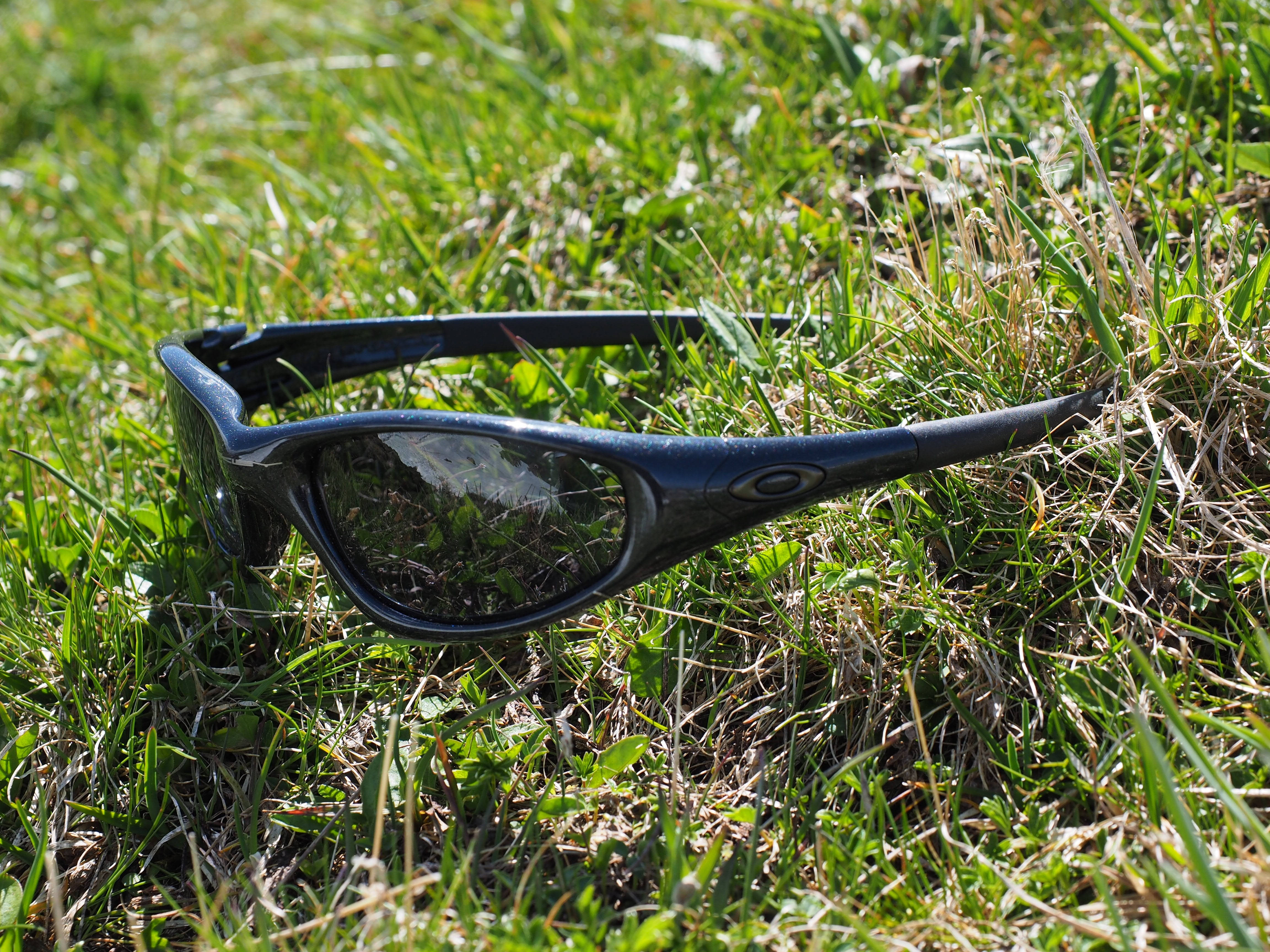 Sunglasses 桌布 壁紙 — 黑色太陽眼鏡放在充滿活力的綠色草地上，在明亮的陽光下，鏡片中有清晰的倒影。