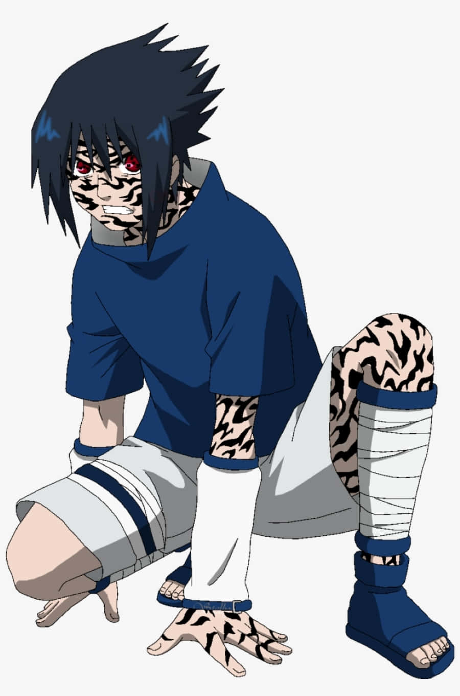 Sasuke Uchiha Cursed Mark 桌布 壁紙 — 黑色尖刺頭髮、紅色眼睛和黑色虎紋標記的動漫角色，穿著藍色襯衫和白色褲子蹲伏。