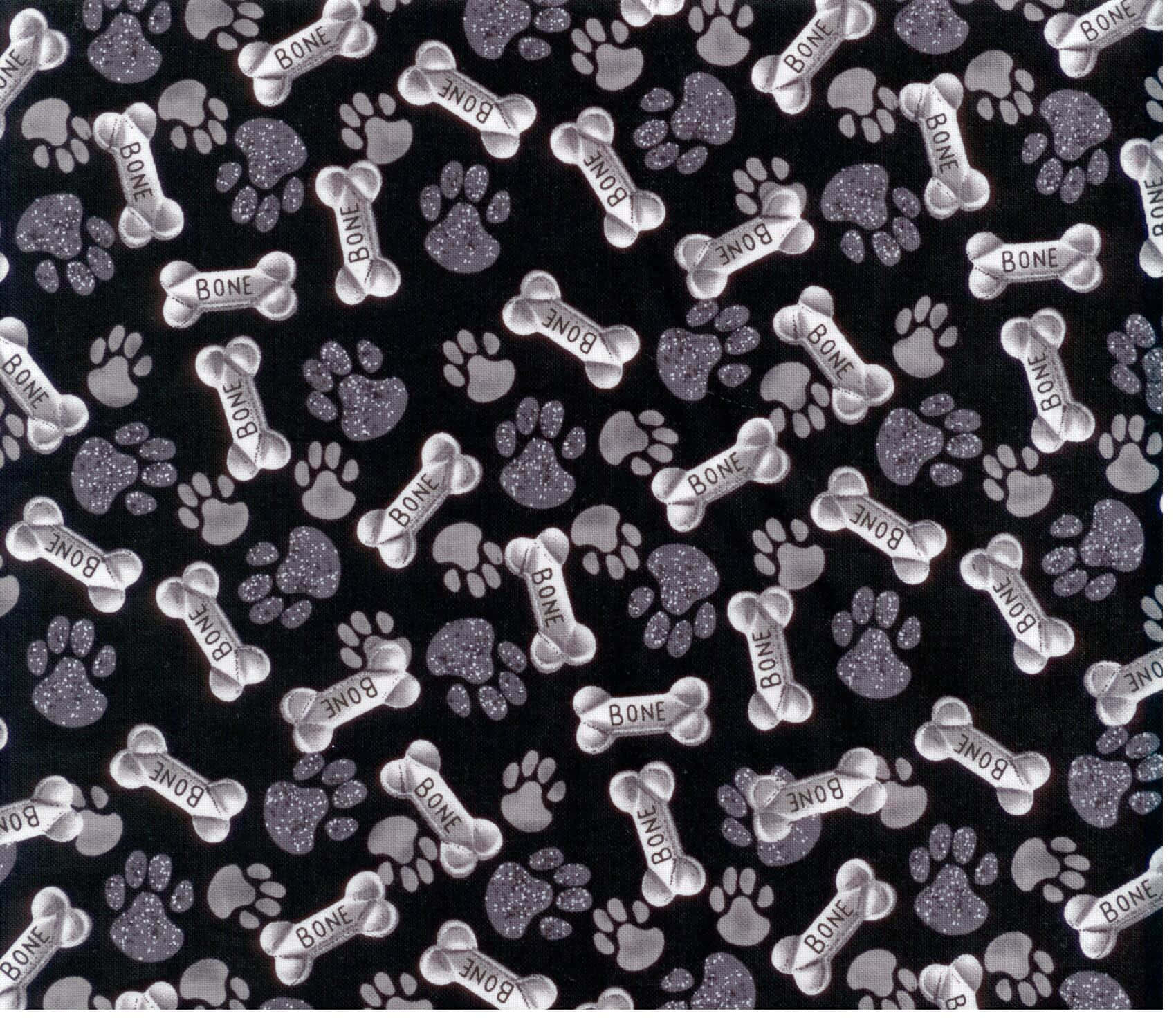 Bone 桌布 壁紙 — 黑色布料上重複著閃亮銀色狗骨頭和腳印圖案。