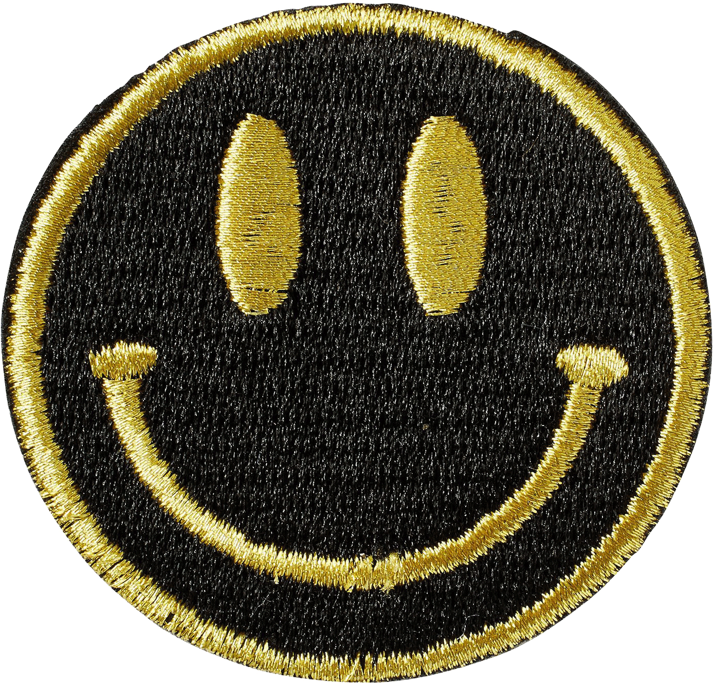 Smiley 桌布 壁紙 — 黑色布料上金色刺繡笑臉補丁，帶有可見的縫線紋理。
