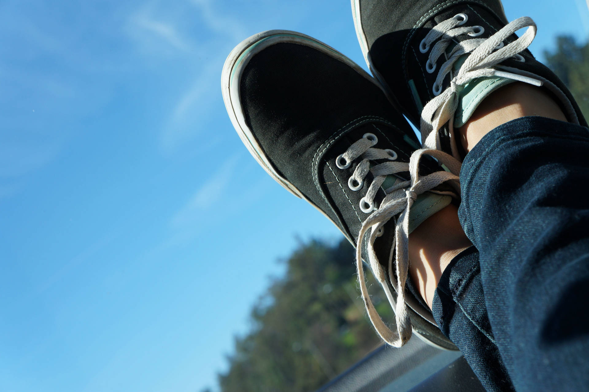 Vans 桌布 壁紙 — 黑色帆布運動鞋搭配白色鞋帶，隨意地靠在清澈的藍天和遠處的綠樹旁。