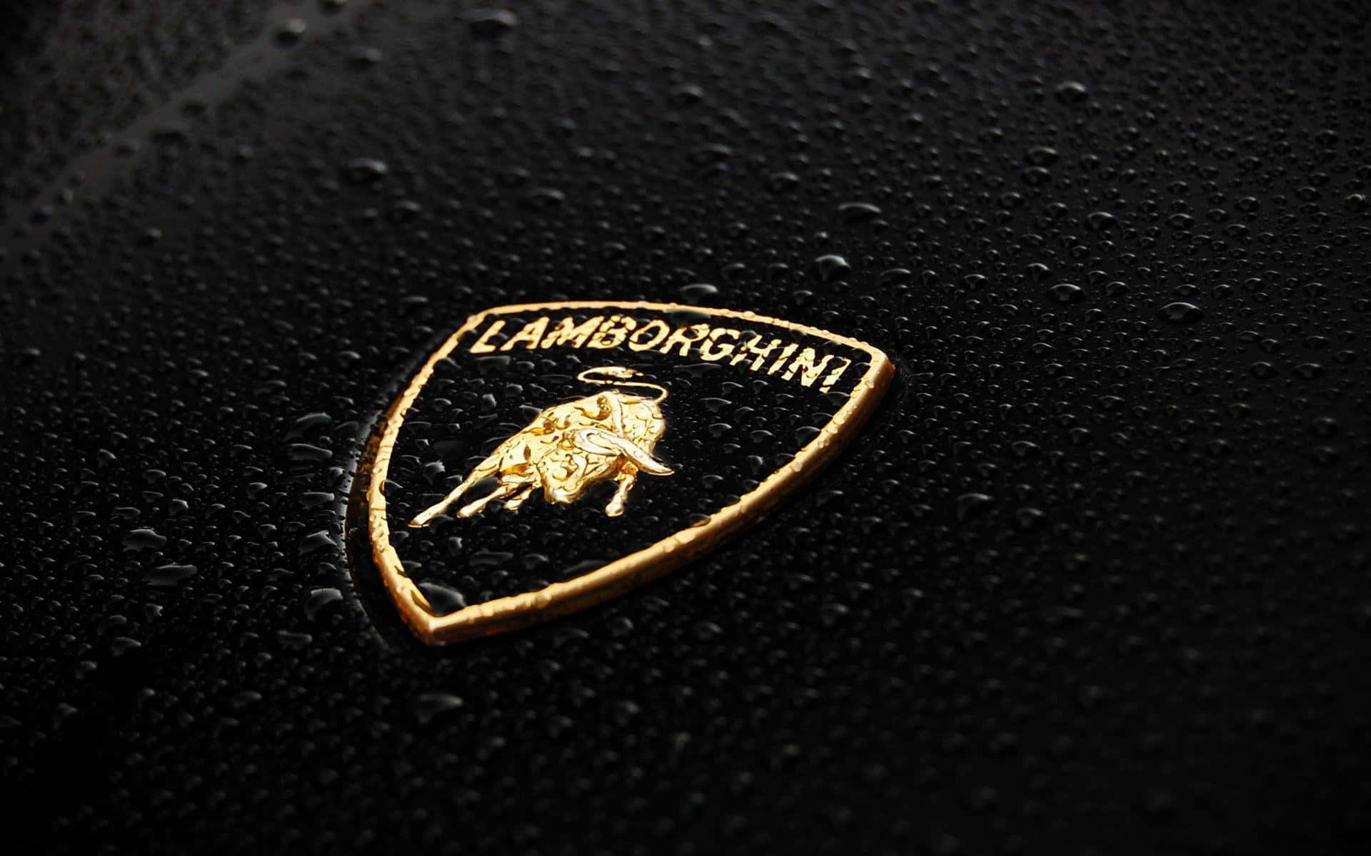 Car Logo 桌布 壁紙 — 黑色引擎蓋上金色藍寶堅尼標誌的特寫，閃爍著雨滴。