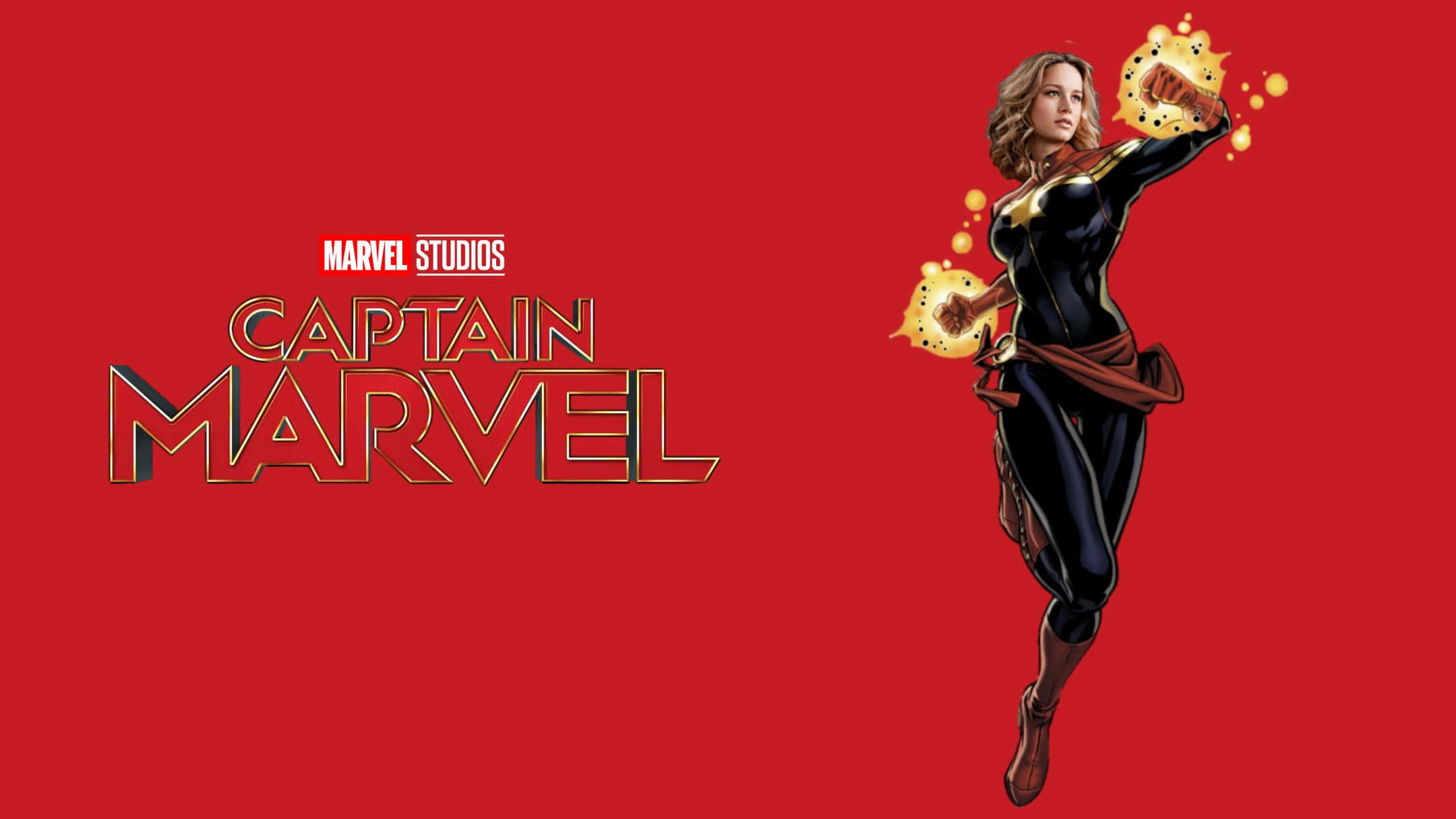 Best Marvel 桌布 壁紙 — 黑色戰衣的驚奇隊長，發光拳頭，在鮮紅色背景前動感擺姿勢，並有電影標題。