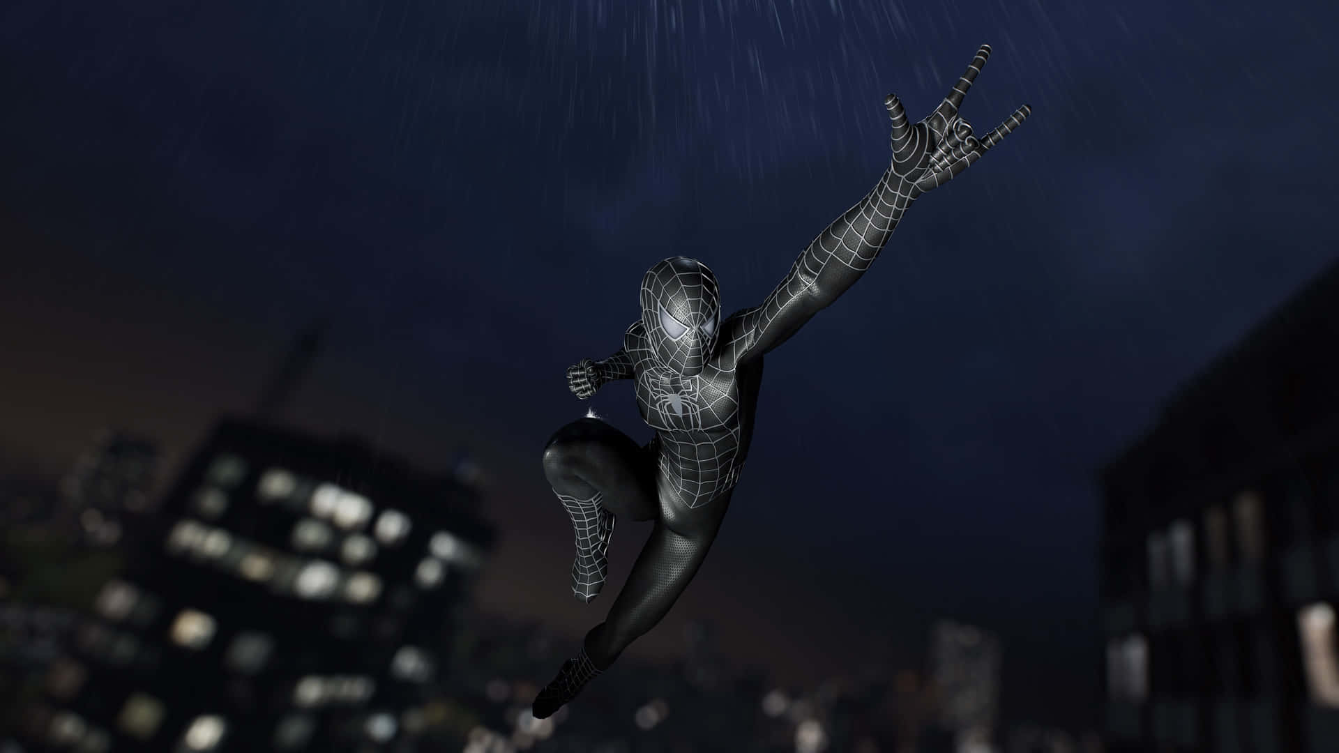 Spider-Man Ps5 壁紙 — 黑色戰衣蜘蛛俠在雨夜城市景觀中擺盪，做出搖滾手勢。