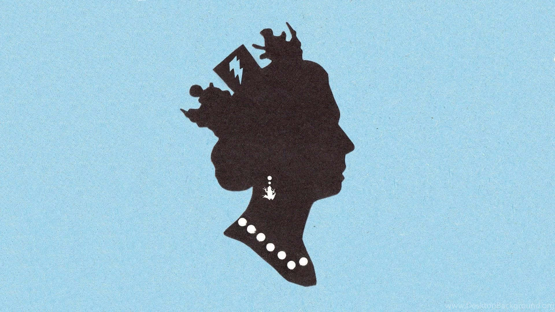 Queen Elizabeth 桌布 壁紙 — 黑色戴冠女王側面剪影，搭配淺藍色紋理背景、珍珠項鍊和閃電王冠細節。