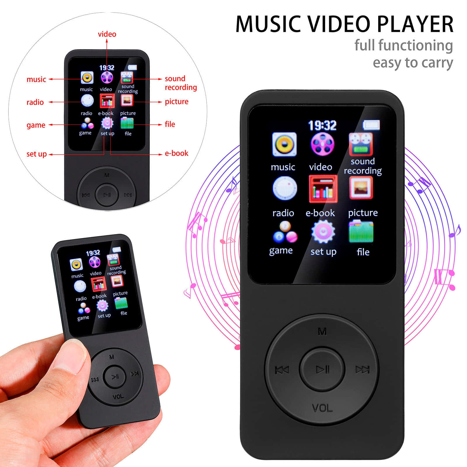 Music Player 桌布 壁紙 — 黑色手持音樂影片播放器，帶有觸控螢幕圖示和實體控制按鈕，展示在手部和全視圖中。