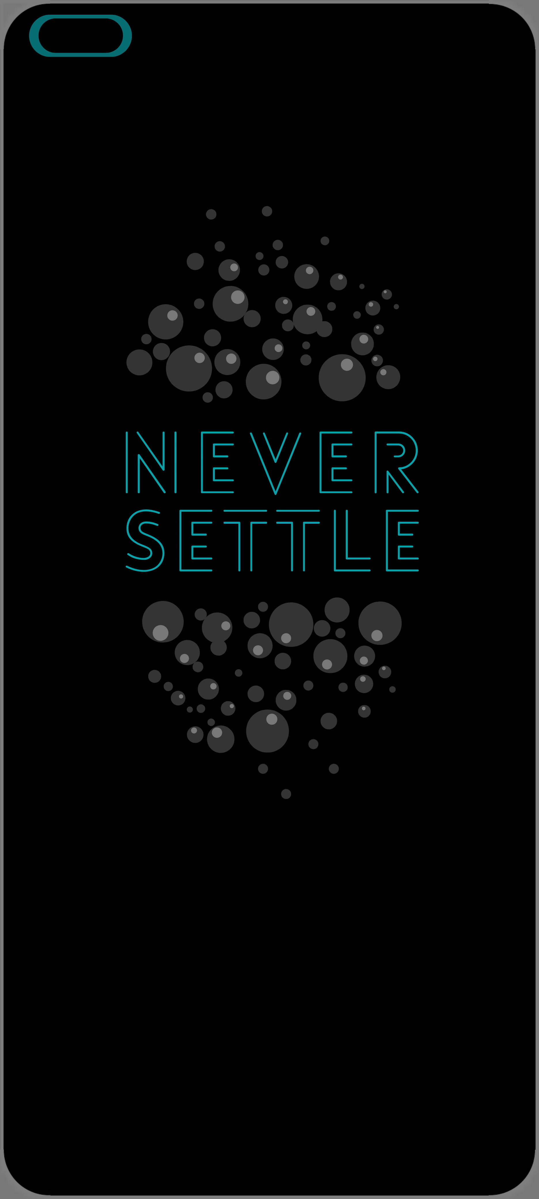 Quote 桌布 壁紙 — 黑色手機桌布，帶有發光的青綠色文字 never settle，周圍環繞著灰色氣泡形成心形。