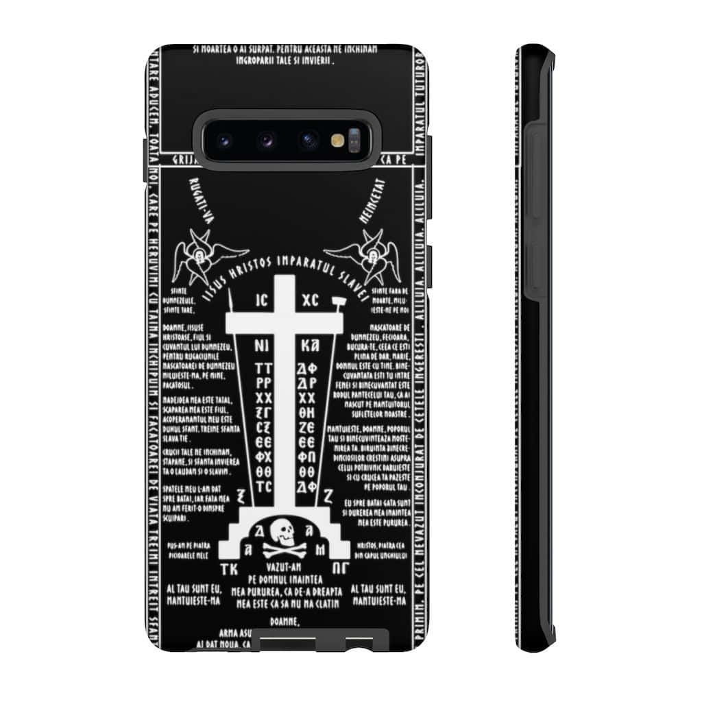 Galaxy S10 桌布 壁紙 — 黑色手機殼，帶有白色文字和符號，包括十字架、骷髏頭和拉丁短語，採用哥德式設計。