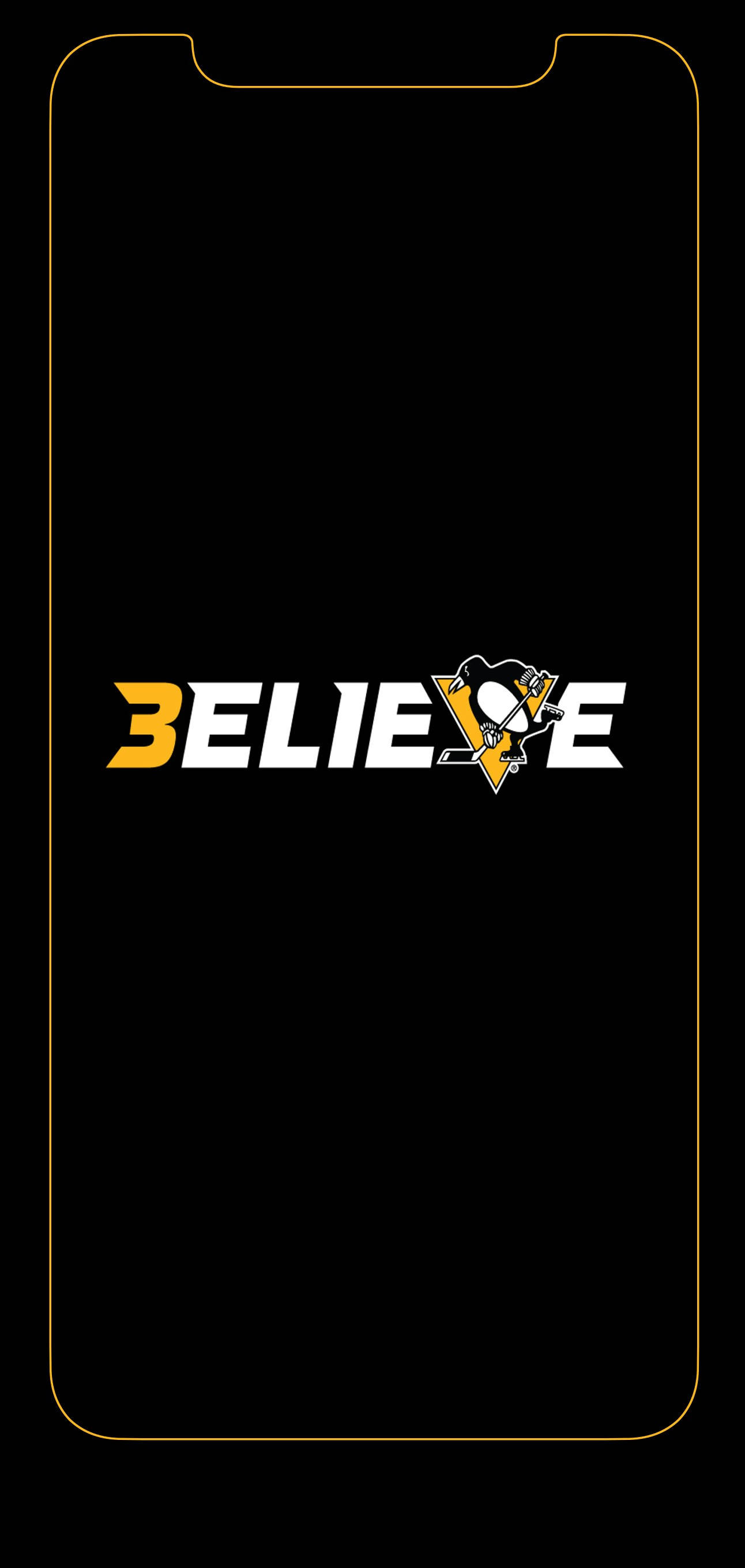 penguins 桌布 壁紙 — 黑色手機螢幕帶金色邊框，中央顯示「BELIEVE」文字和匹茲堡企鵝隊標誌。