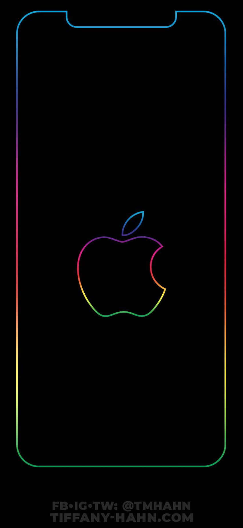 蘋果 桌布 壁紙 — 黑色手機螢幕顯示一個帶有彩虹輪廓的Apple標誌，並有彩色邊框，背景為深色。
