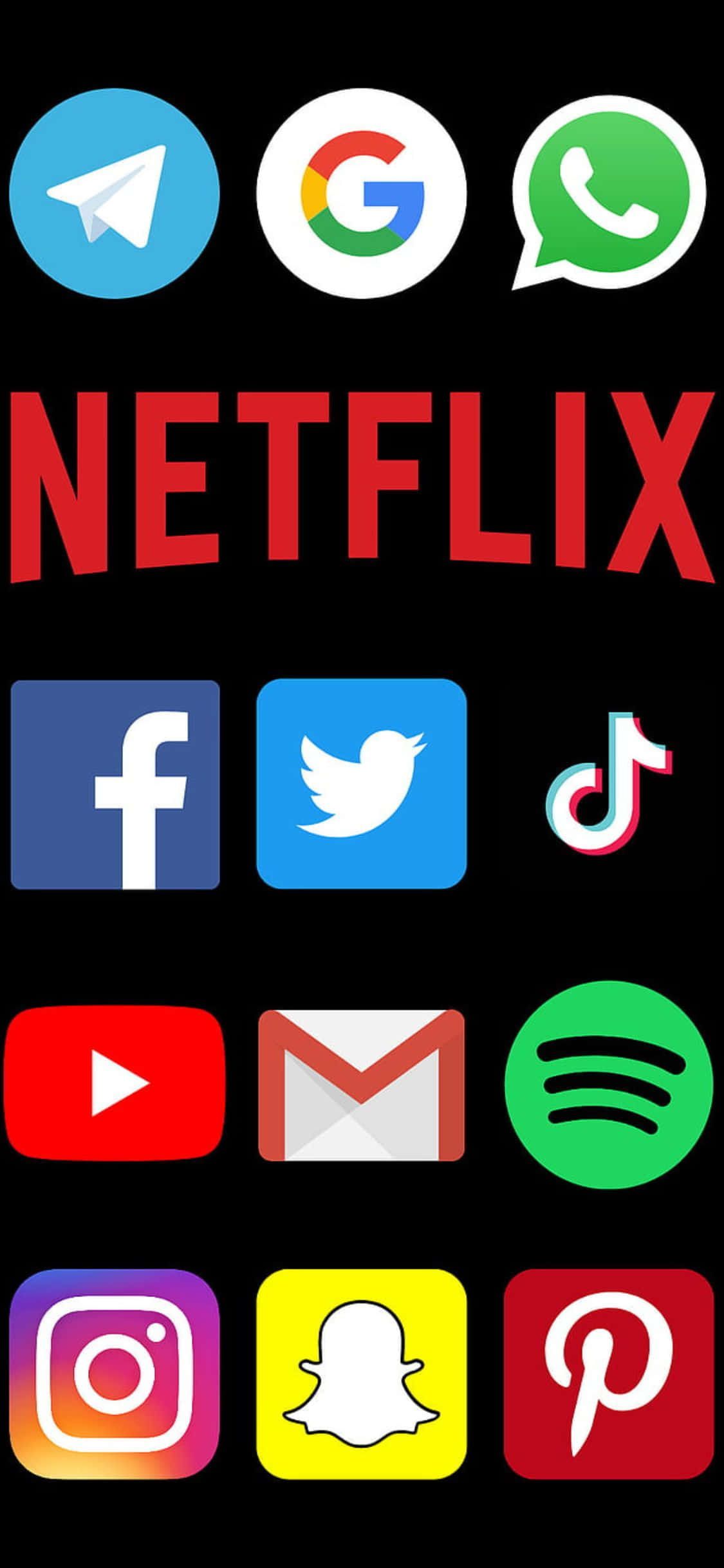 iPhone Xs Social 桌布 壁紙 — 黑色手機螢幕顯示熱門應用程式圖標網格，包括 Netflix、Google、WhatsApp、Facebook、Twitter、TikTok、YouTube、Gmail、Spotify、Instagram、Snapchat 和 Pinterest。