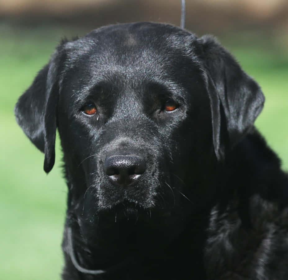 Black Labrador 桌布 壁紙 — 黑色拉布拉多犬的特寫肖像，擁有溫暖的琥珀色眼睛，在柔和的綠色背景下直視觀眾。