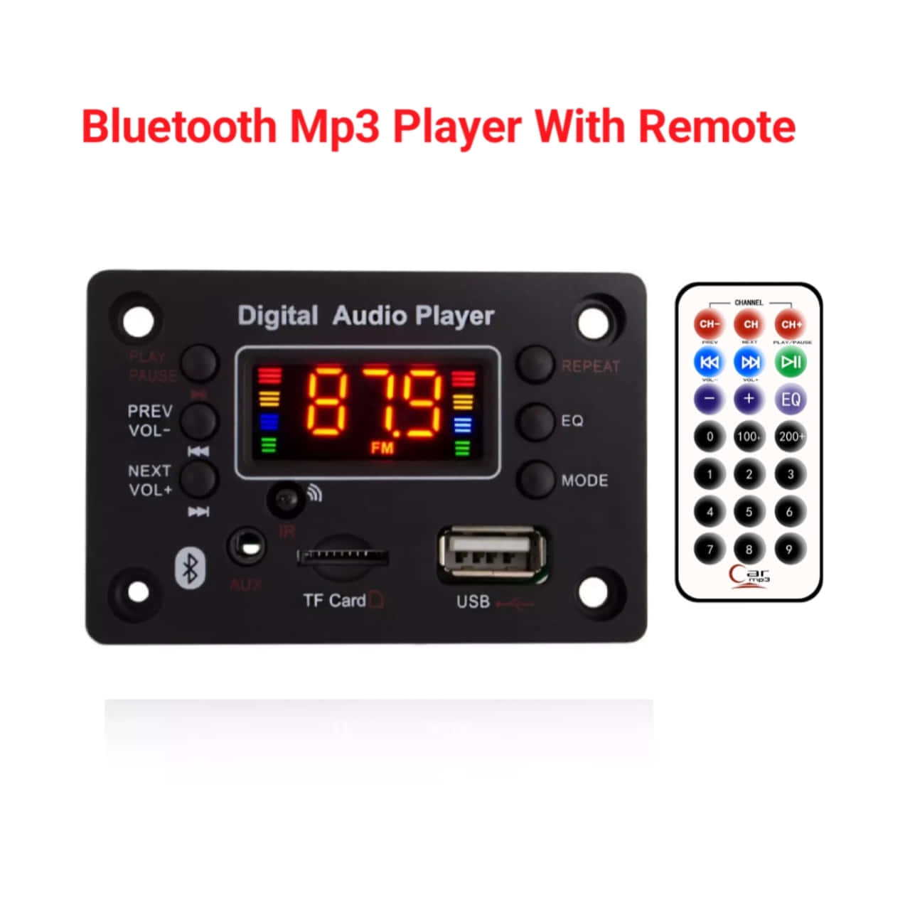 Music Player 桌布 壁紙 — 黑色數位音頻播放器，帶橙色LED顯示屏顯示87.9 FM，旁邊是帶有彩色按鈕的遙控器。