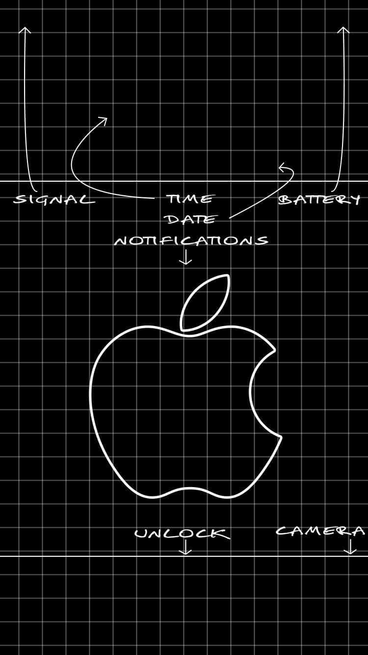 桌布 壁紙 — 黑色方格紙上有一個白色手繪Apple標誌，周圍有標籤的電話界面元素。