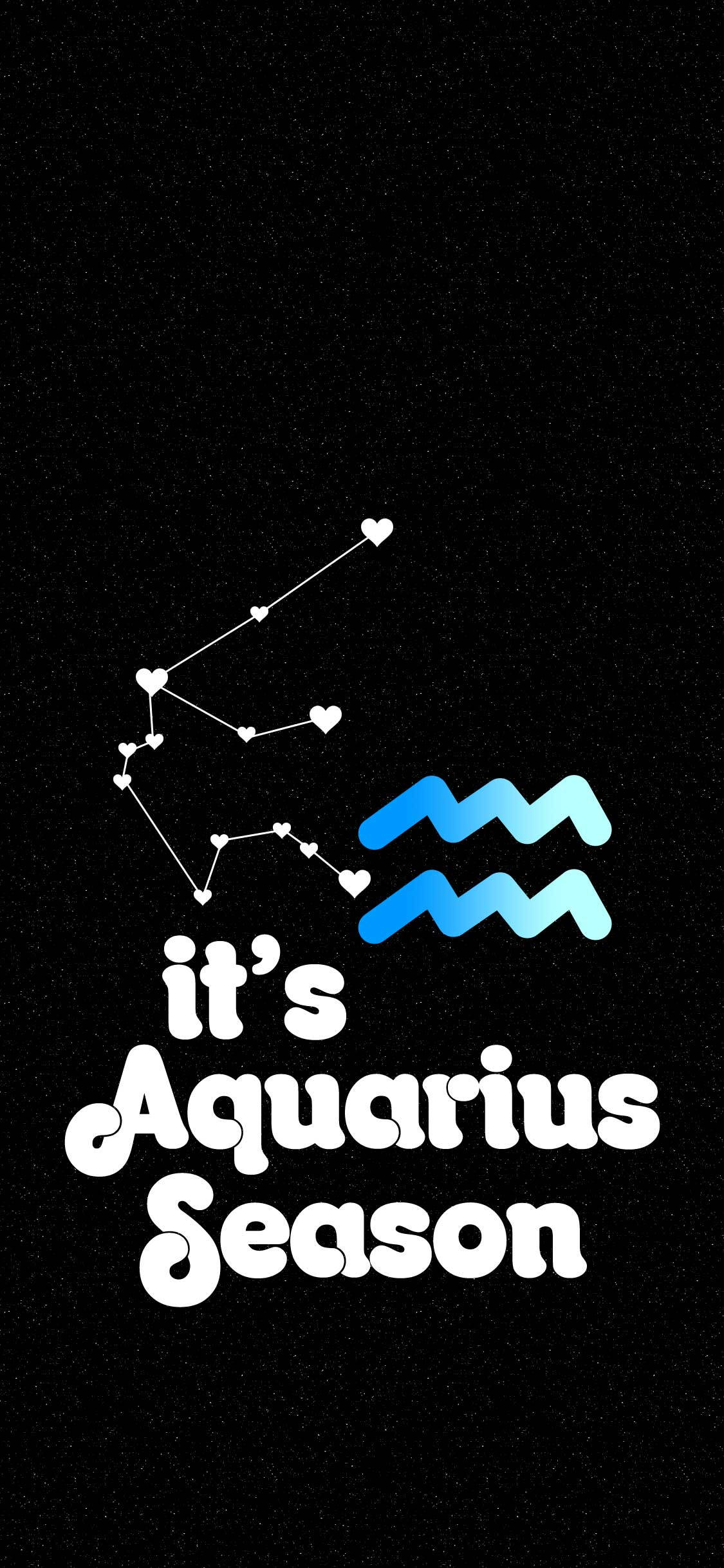 aquarius 桌布 壁紙 — 黑色星空背景上有一個白色心形星座和藍色水瓶座符號，並以粗體白色文字宣告水瓶座季節來臨。