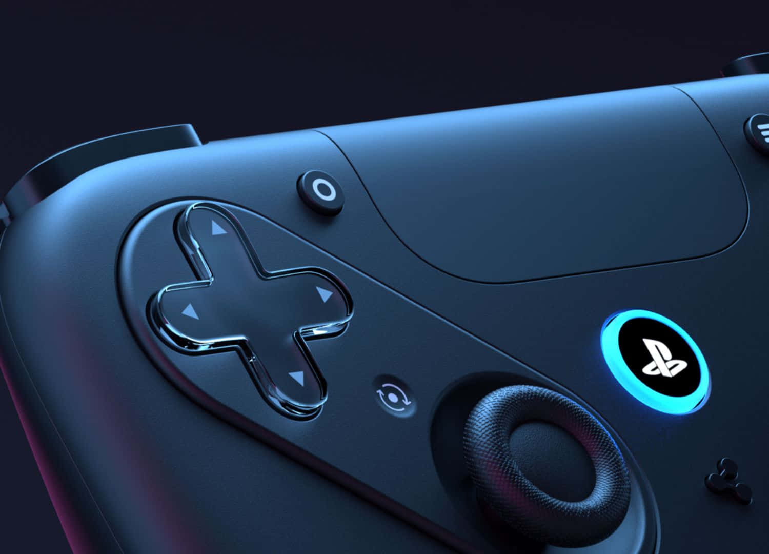 Remote 桌布 壁紙 — 黑色時尚PlayStation控制器特寫，在黑暗背景下發出藍色霓虹燈光。