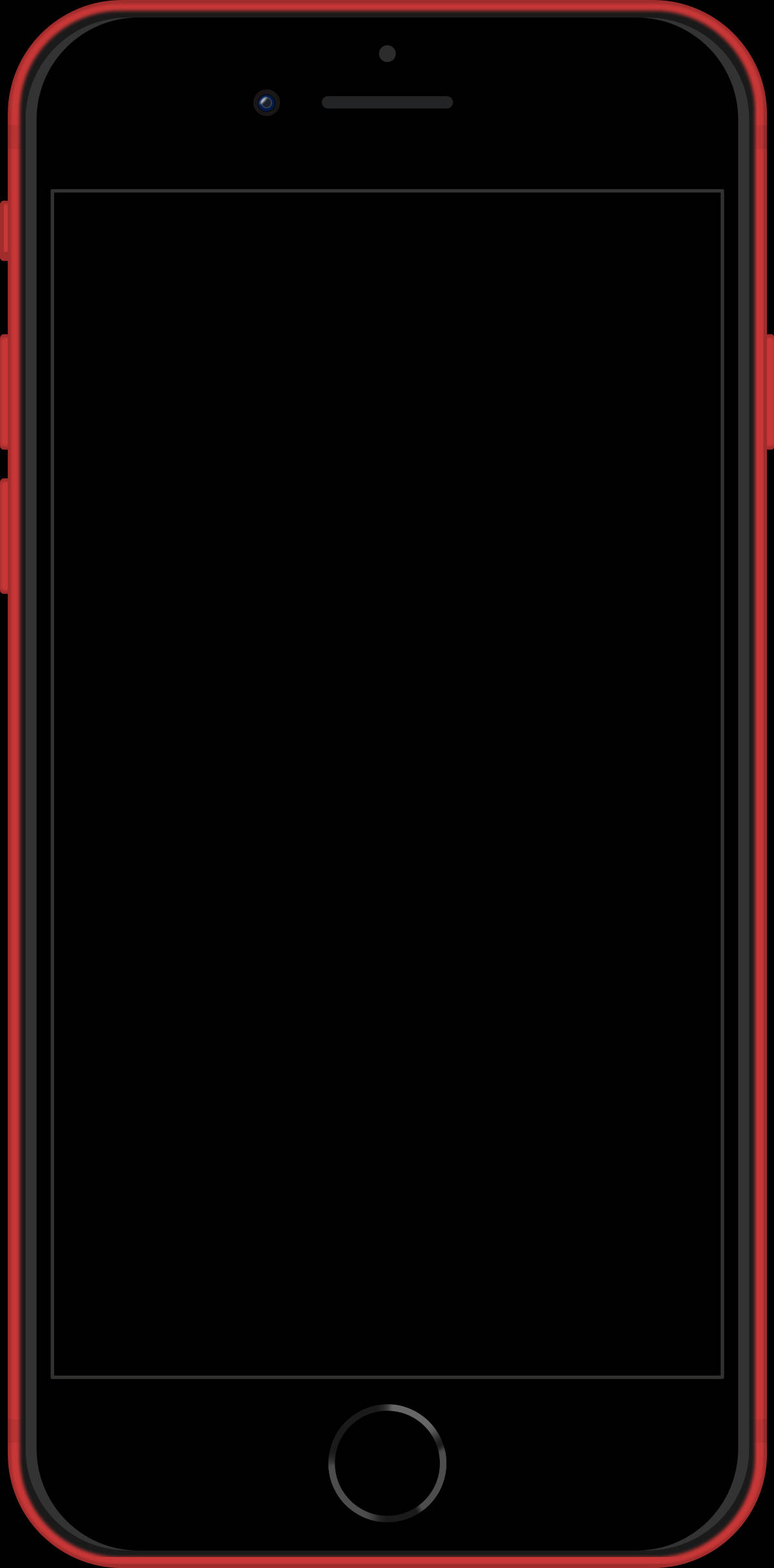 iPhone 8 桌布 壁紙 — 黑色智慧型手機搭配紅色保護殼，空白螢幕，正面視角，背景純色。