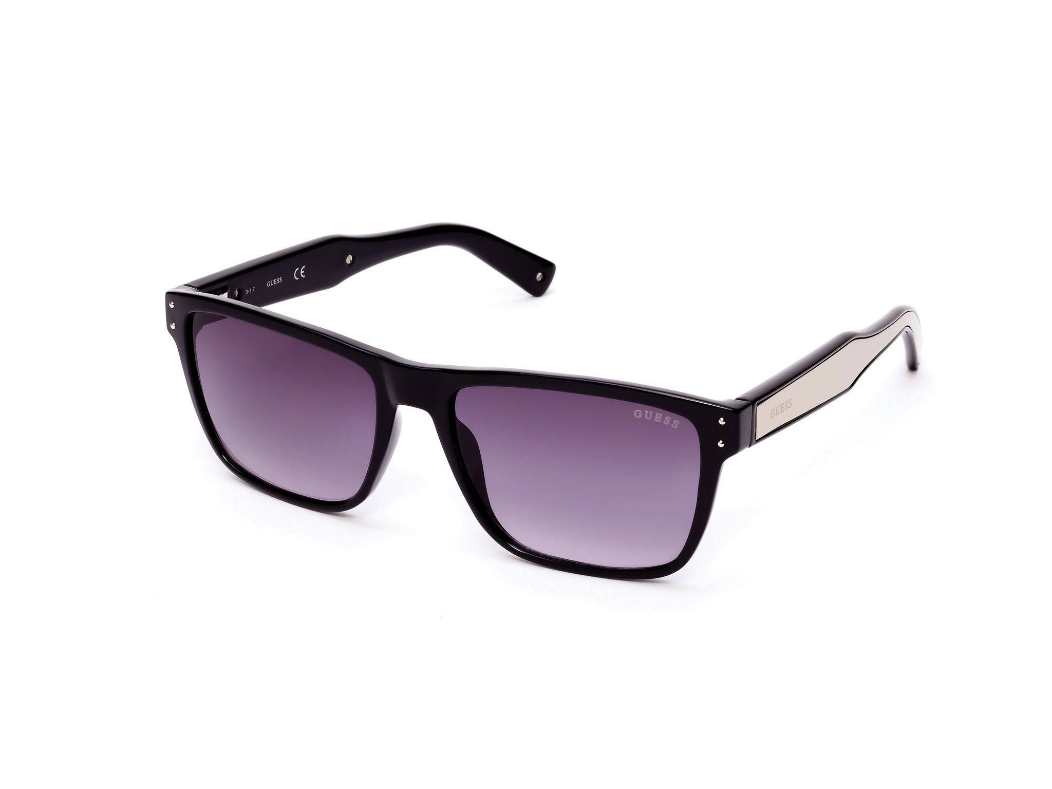 Sunglasses 桌布 壁紙 — 黑色框Guess太陽眼鏡，搭配漸層紫色鏡片，置於潔白背景上。