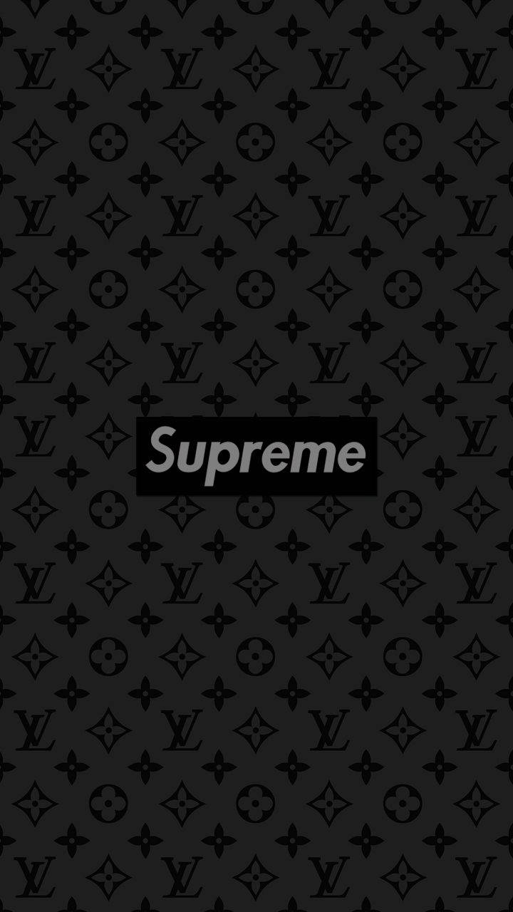路易威登 桌布 壁紙 — 黑色桌布，帶有重複的 Louis Vuitton 字母圖案，中央有白色 Supreme 標誌。
