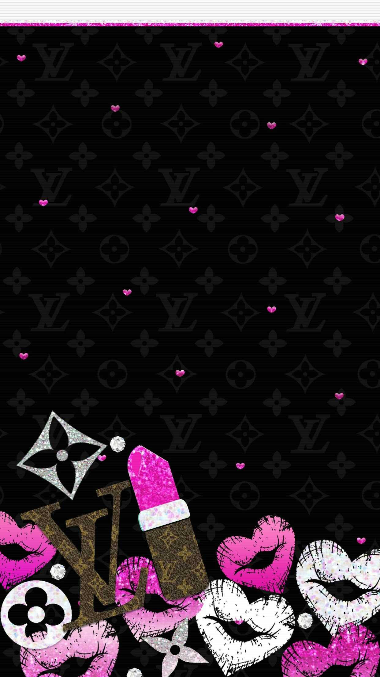 Louis Vuitton Aesthetic 桌布 壁紙 — 黑色桌布，帶有重複的 Louis Vuitton 字母圖案，底部散落著閃粉粉紅色的嘴唇和唇膏。