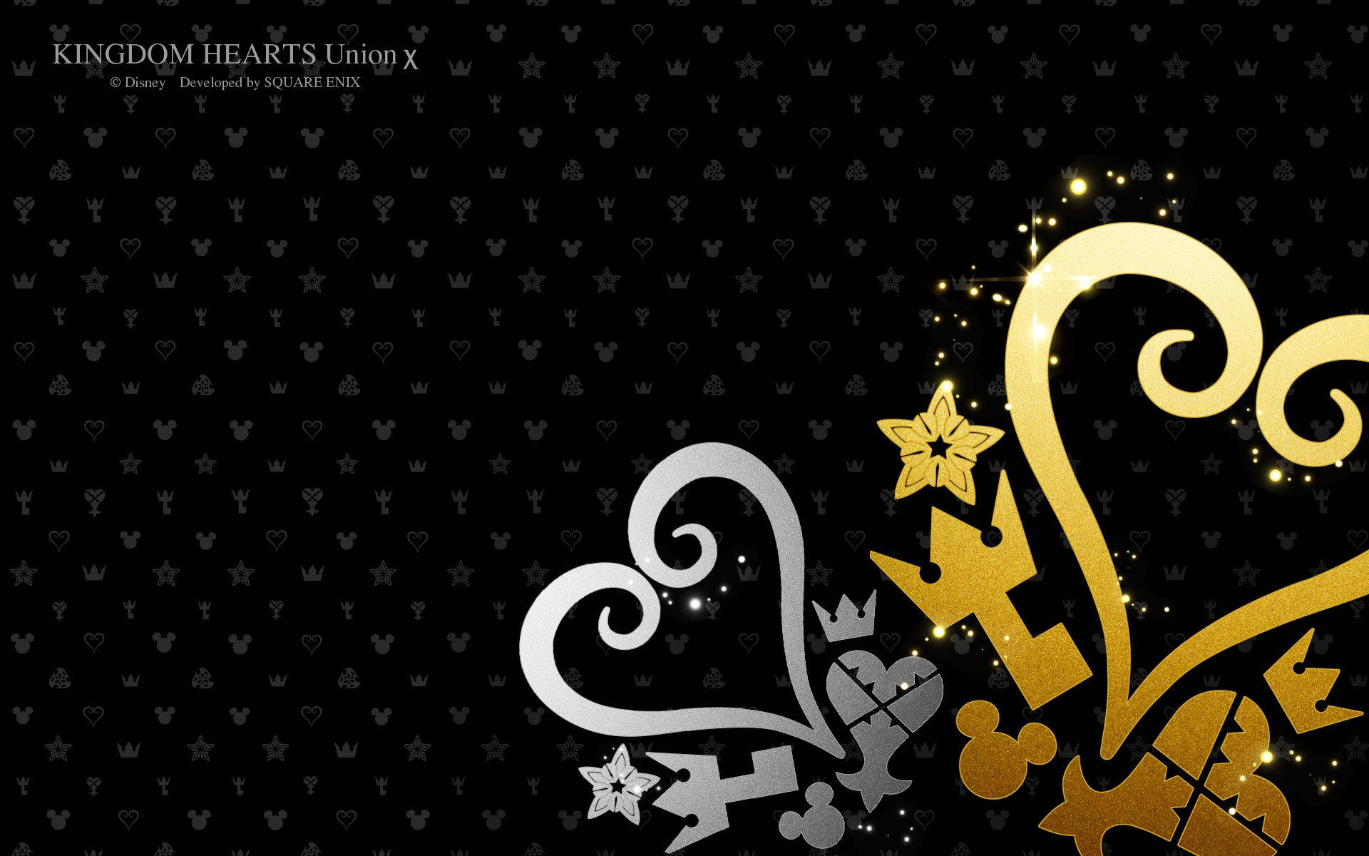 Kingdom Hearts 桌布 壁紙 — 黑色桌布，帶有重複的微妙圖標和帶有閃光的大型華麗銀色和金色鑰匙形心形。